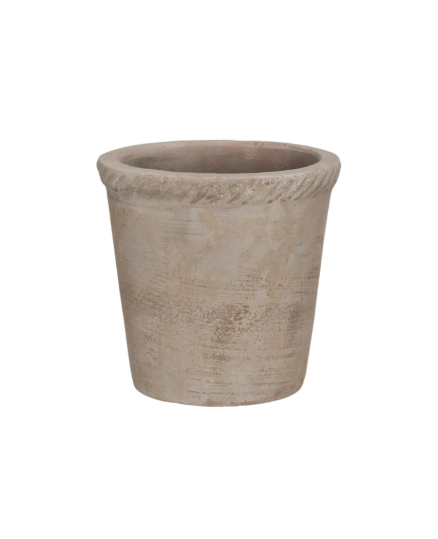 Vietnam Entwine ceramic pot, designed, with subtle vintage distressed finish and unique top rim.