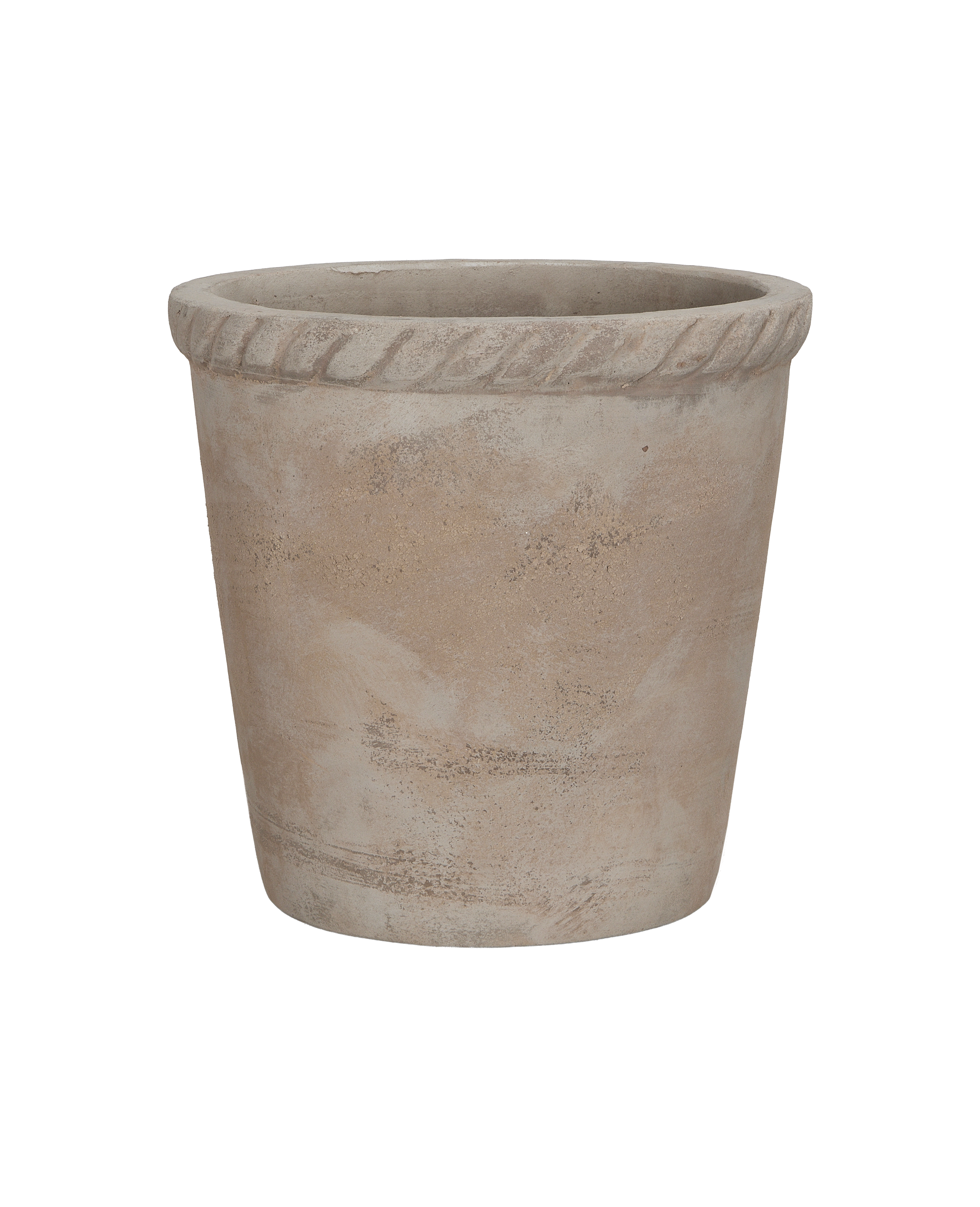 Entwine Pot, distressed beige terra cotta texture, rope-twist rim detailing, bulk Vietnam design.