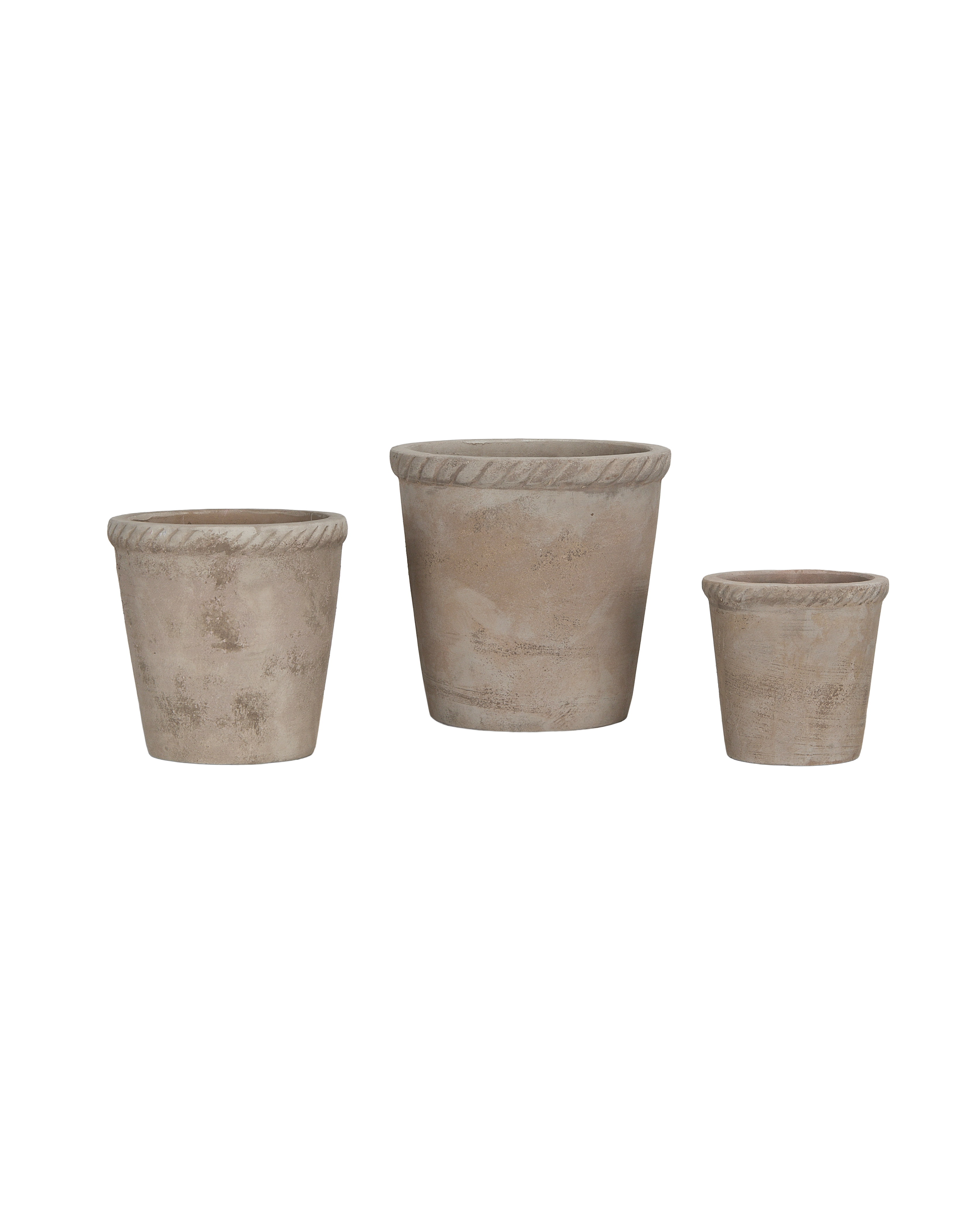Three rustic entwine Vietnamese terra cotta pots in varying sizes on a black background.