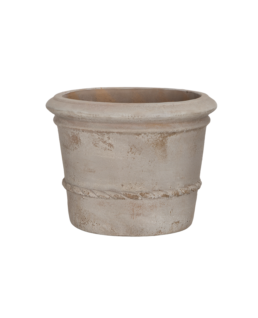 Vietnamese bulk Cordelia pot, showing the decorative rope detail and weathered patina.
