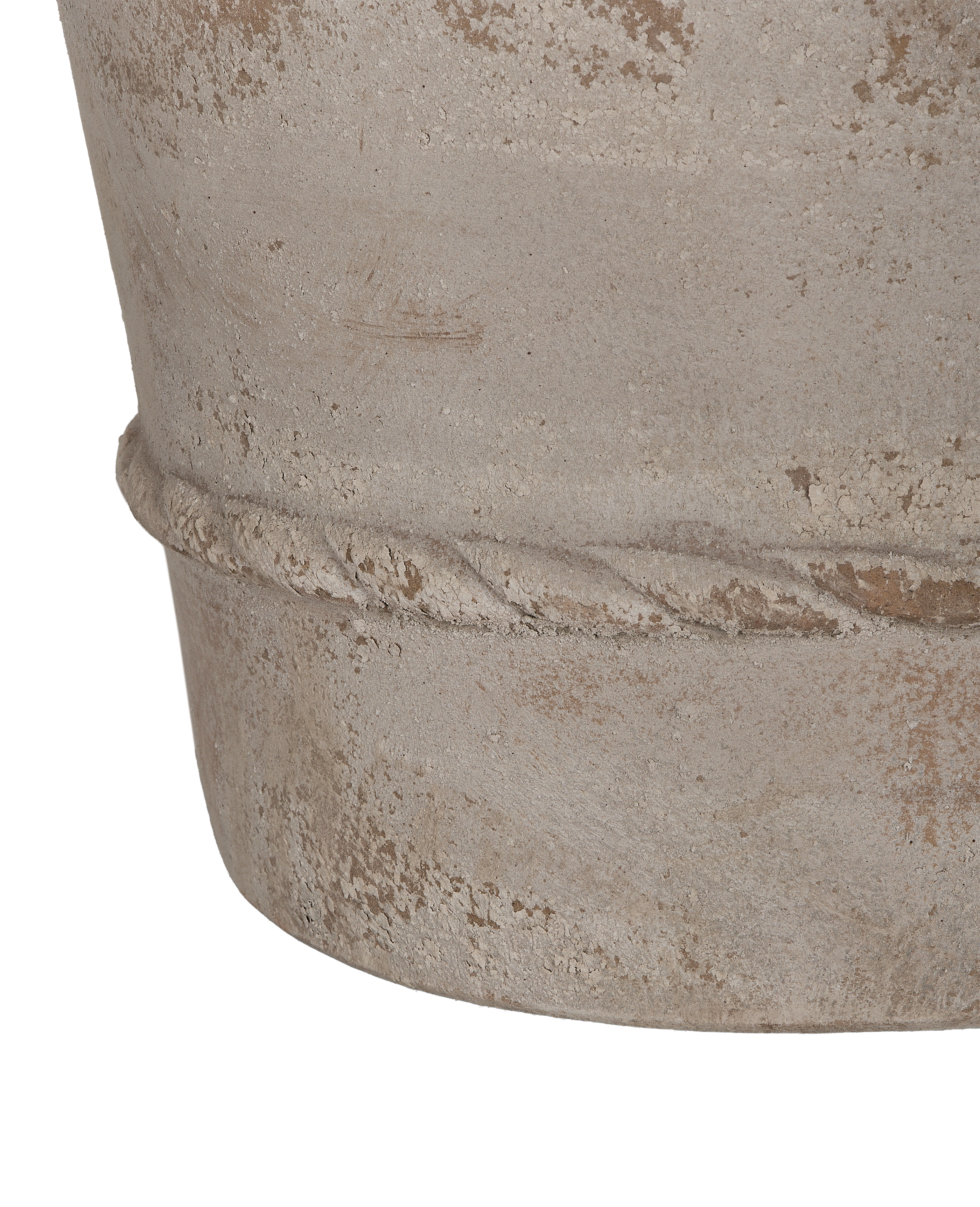 Close-up detail of Cordelia Pot's rough terracotta finish and rustic rope banding.
