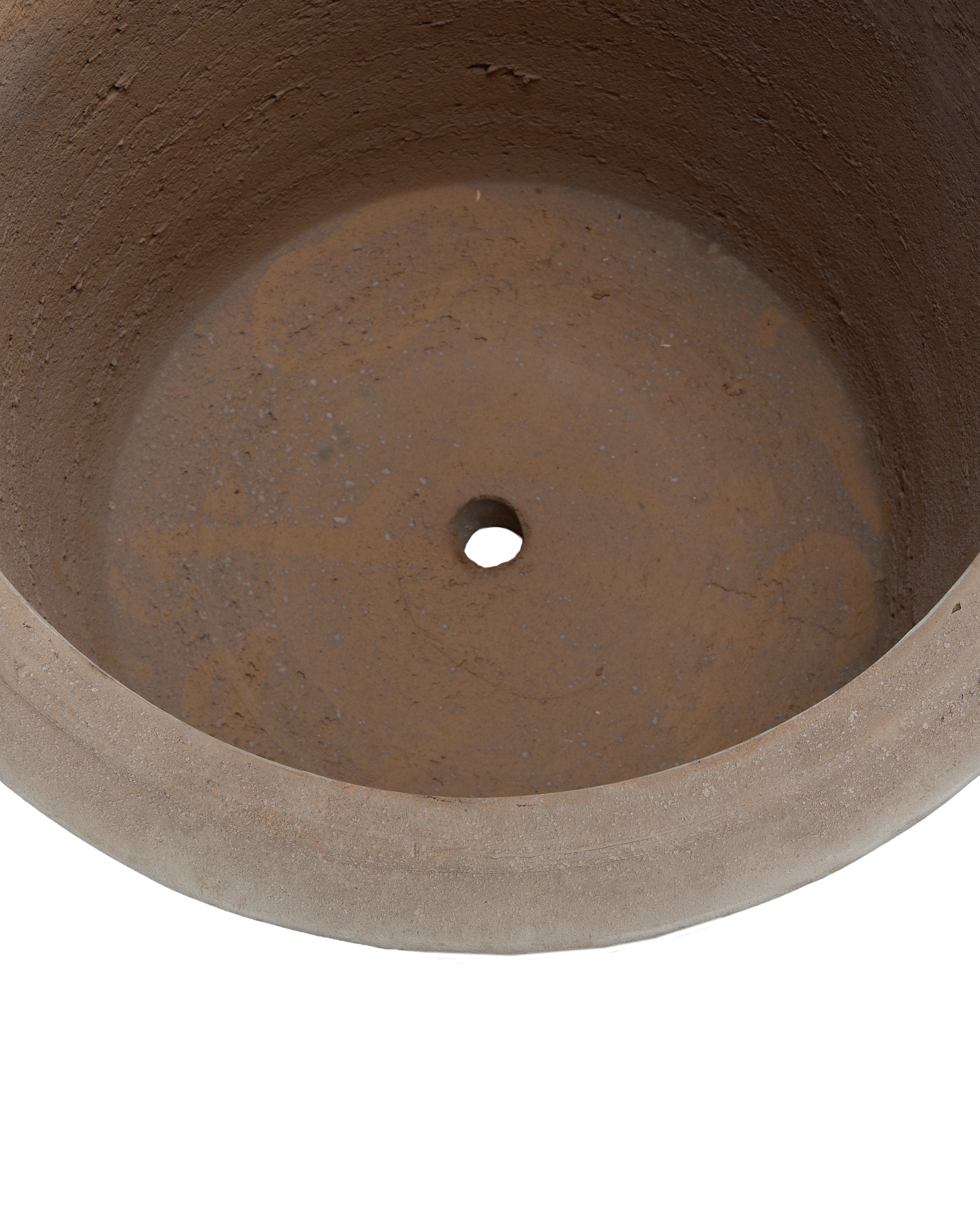 Cordelia antique terracotta pot, top-down view showing interior texture and drainage hole.