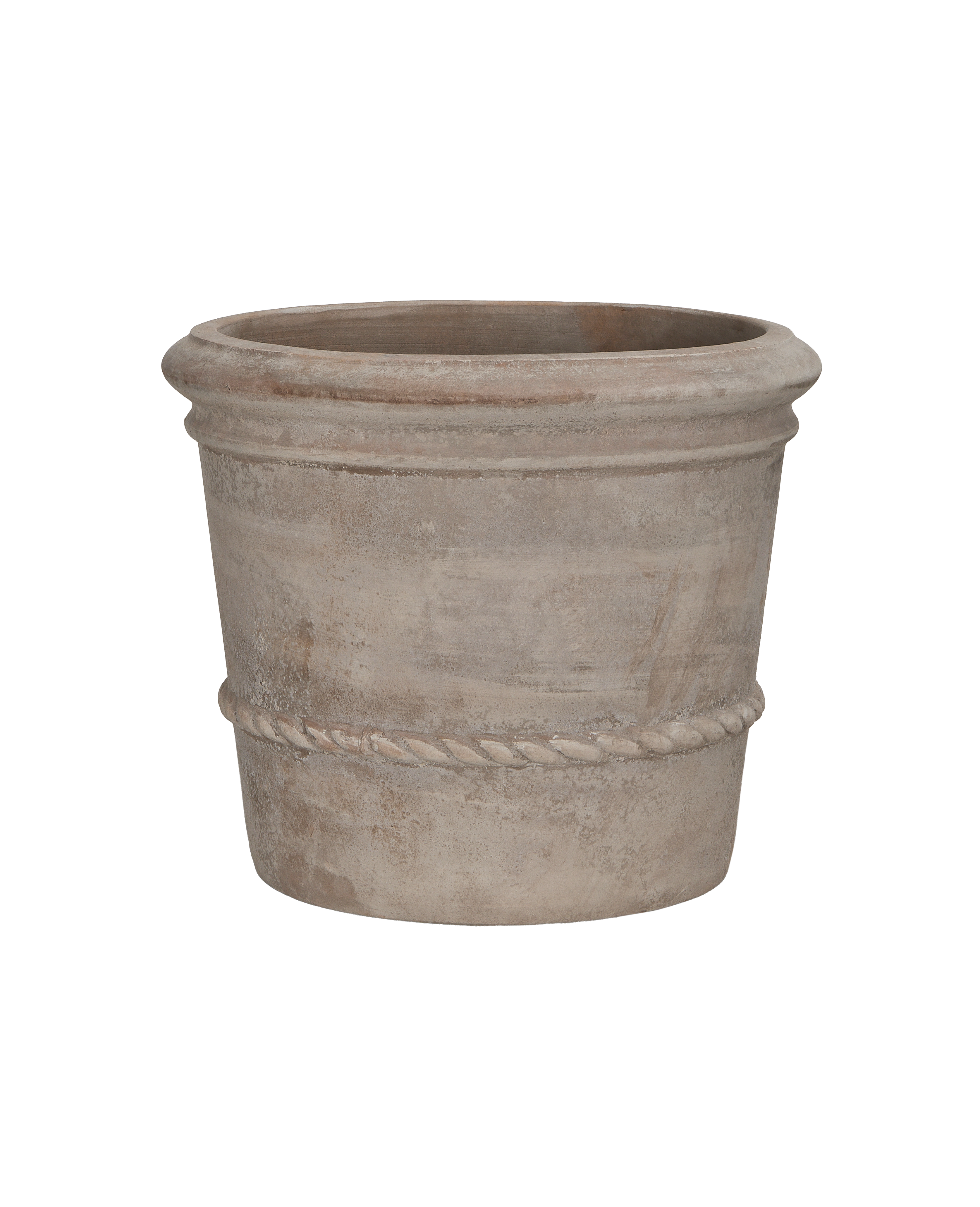 Cordelia Pot, detailed side view, showing weathered terracotta with rope-like texture band.