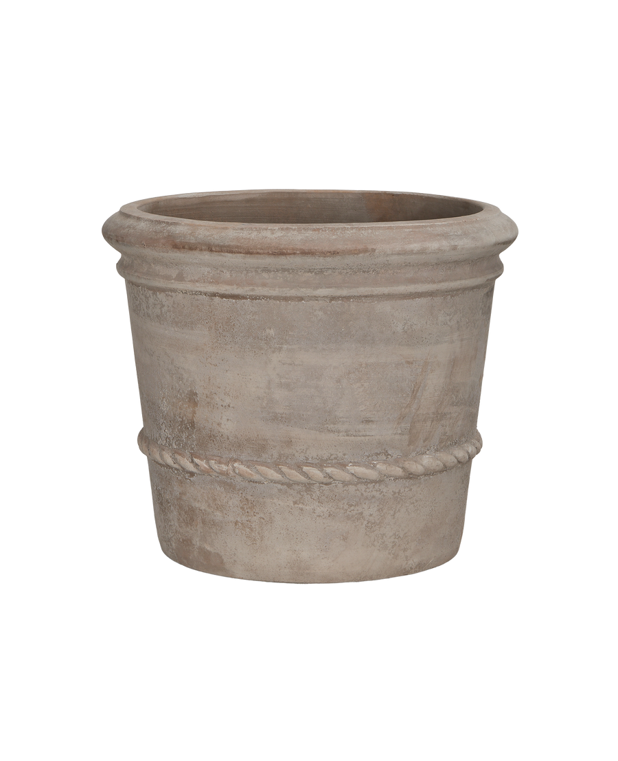 Cordelia Pot, detailed side view, showing weathered terracotta with rope-like texture band.