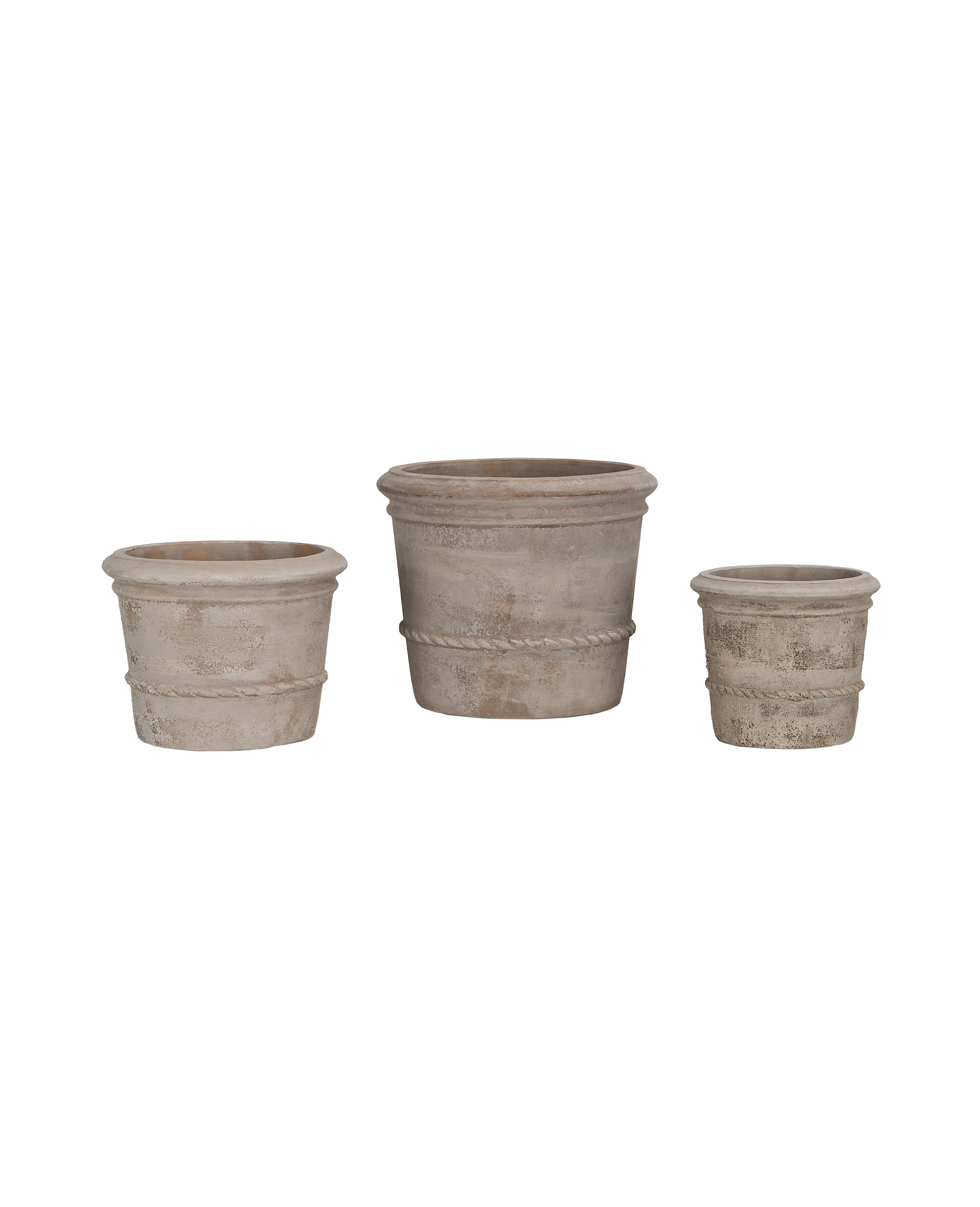Three antique Cordelia Pot planters, varying sizes, light grey aged terracotta, rope detail banding.