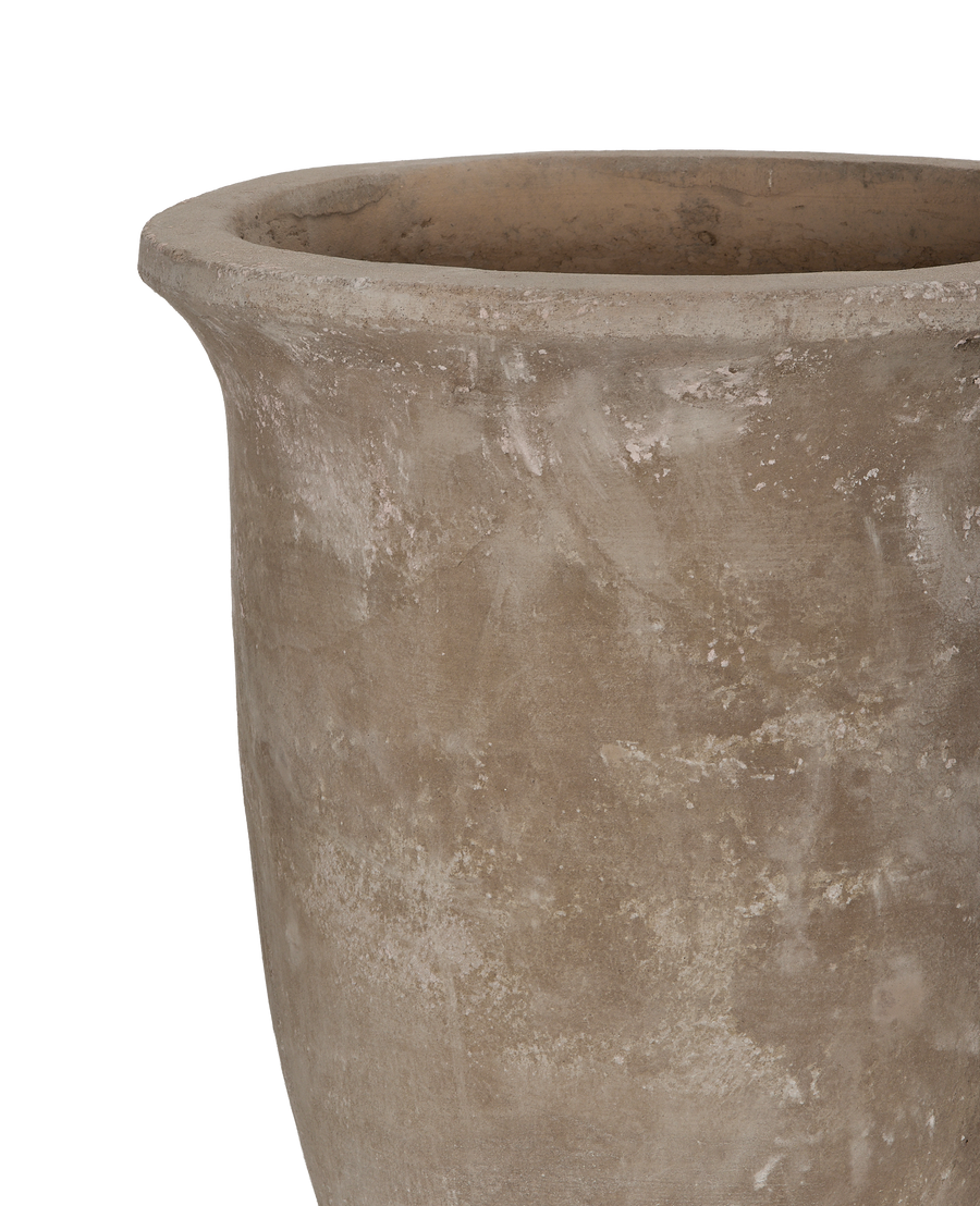 Rustic Vesper pot close-up showing weathered texture and curved rim detail.