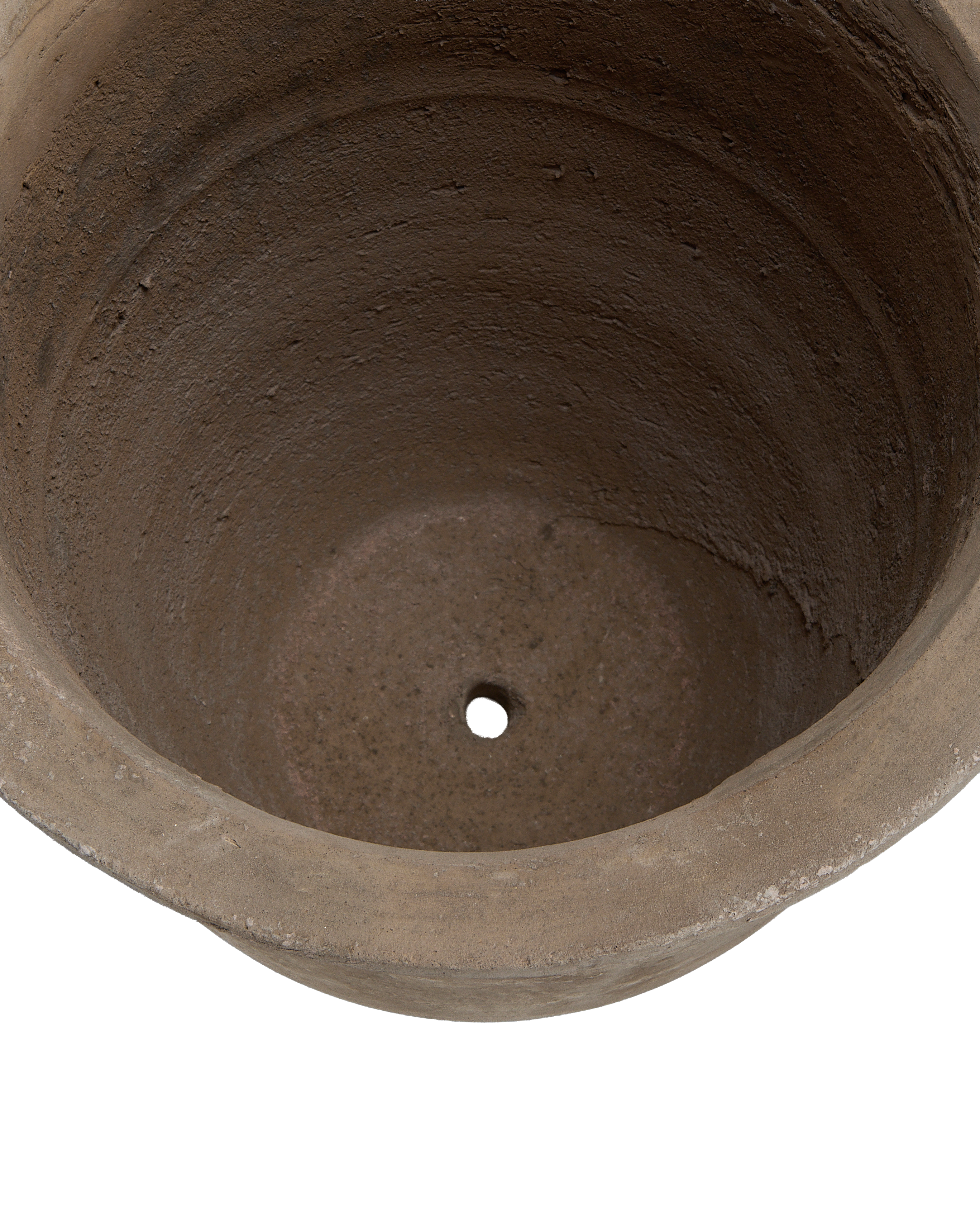 Interior of vintage Vesper Pot, showing rough textured clay and single drain hole.
