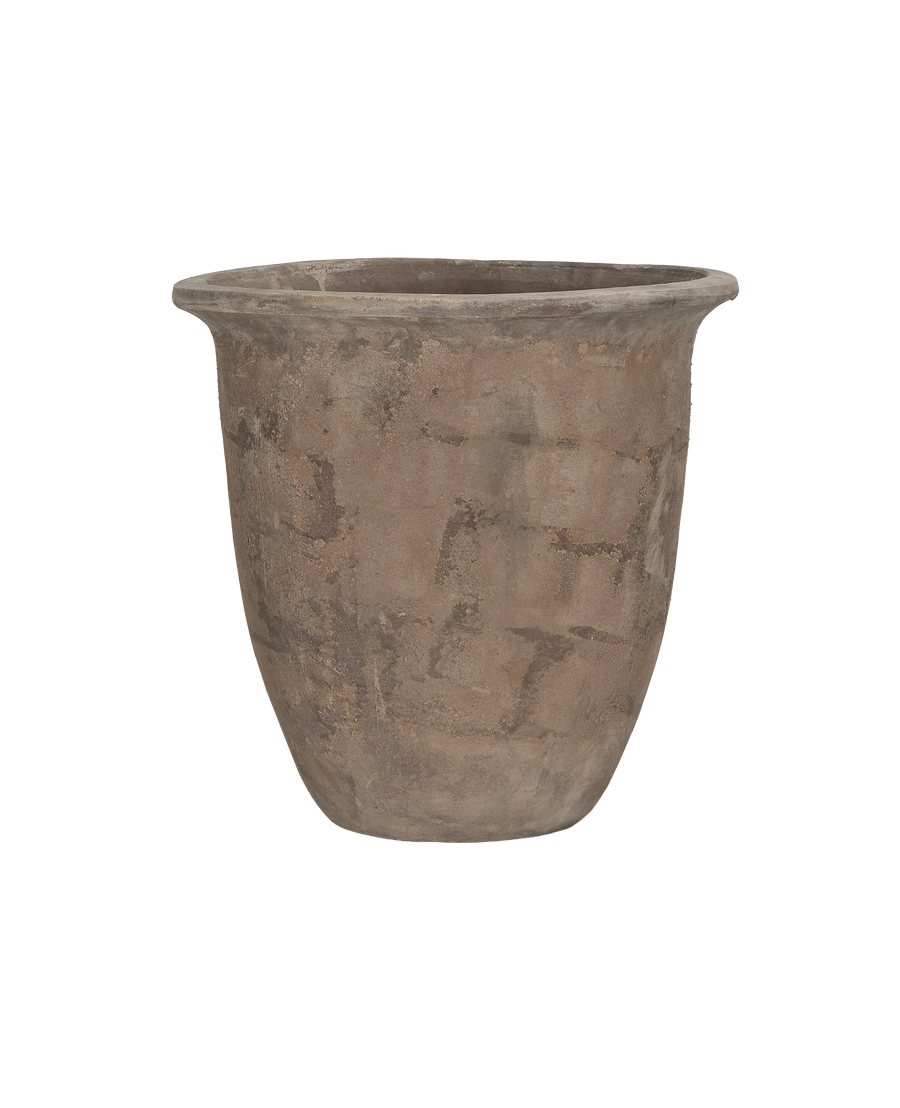 Vietnamese Vesper pot, aged terracotta, rustic texture, curved rim, from Vietnam, designed.