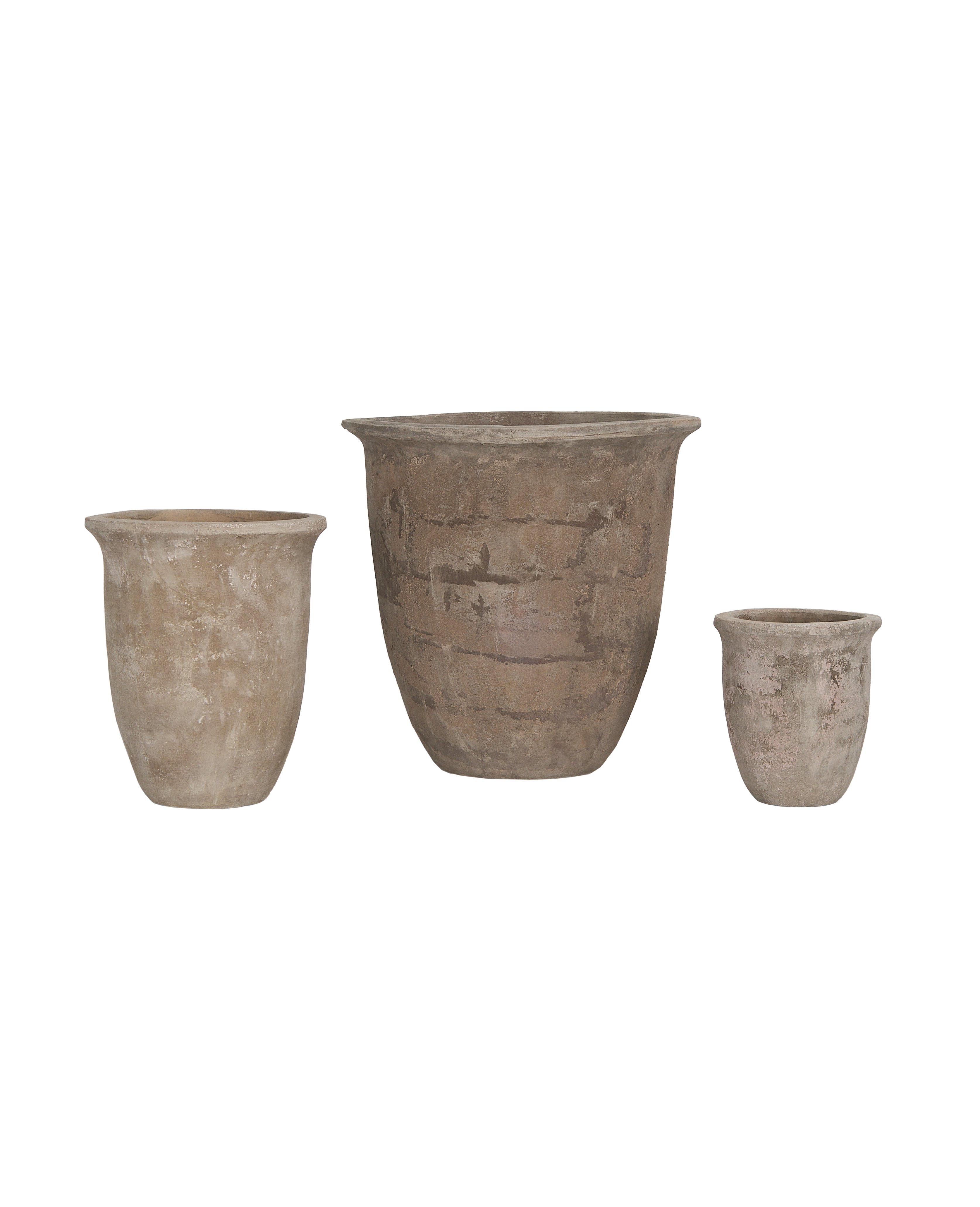 Three rustic, antique Vesper clay pots from Vietnam, weathered gray texture, varying sizes.