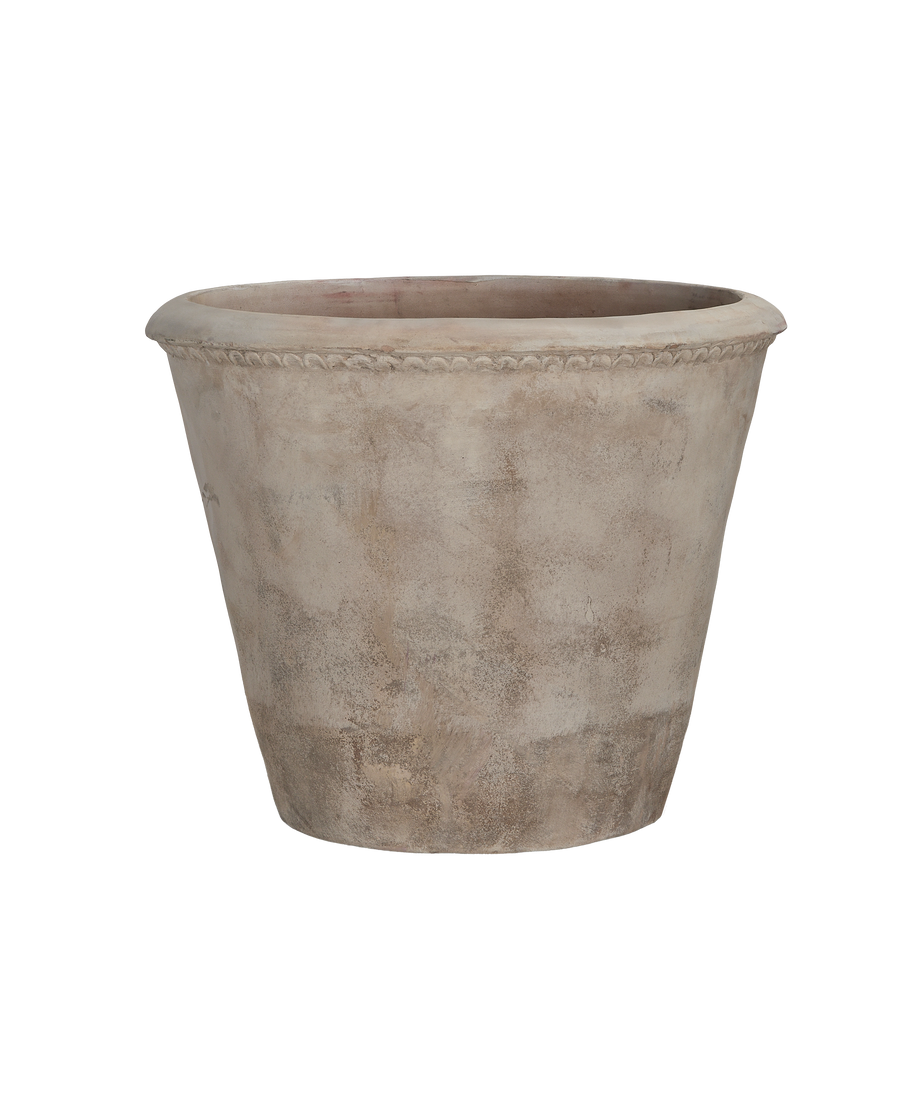 Arbor pot, vintage Vietnamese terra cotta, rim detail, weathered earthy texture.