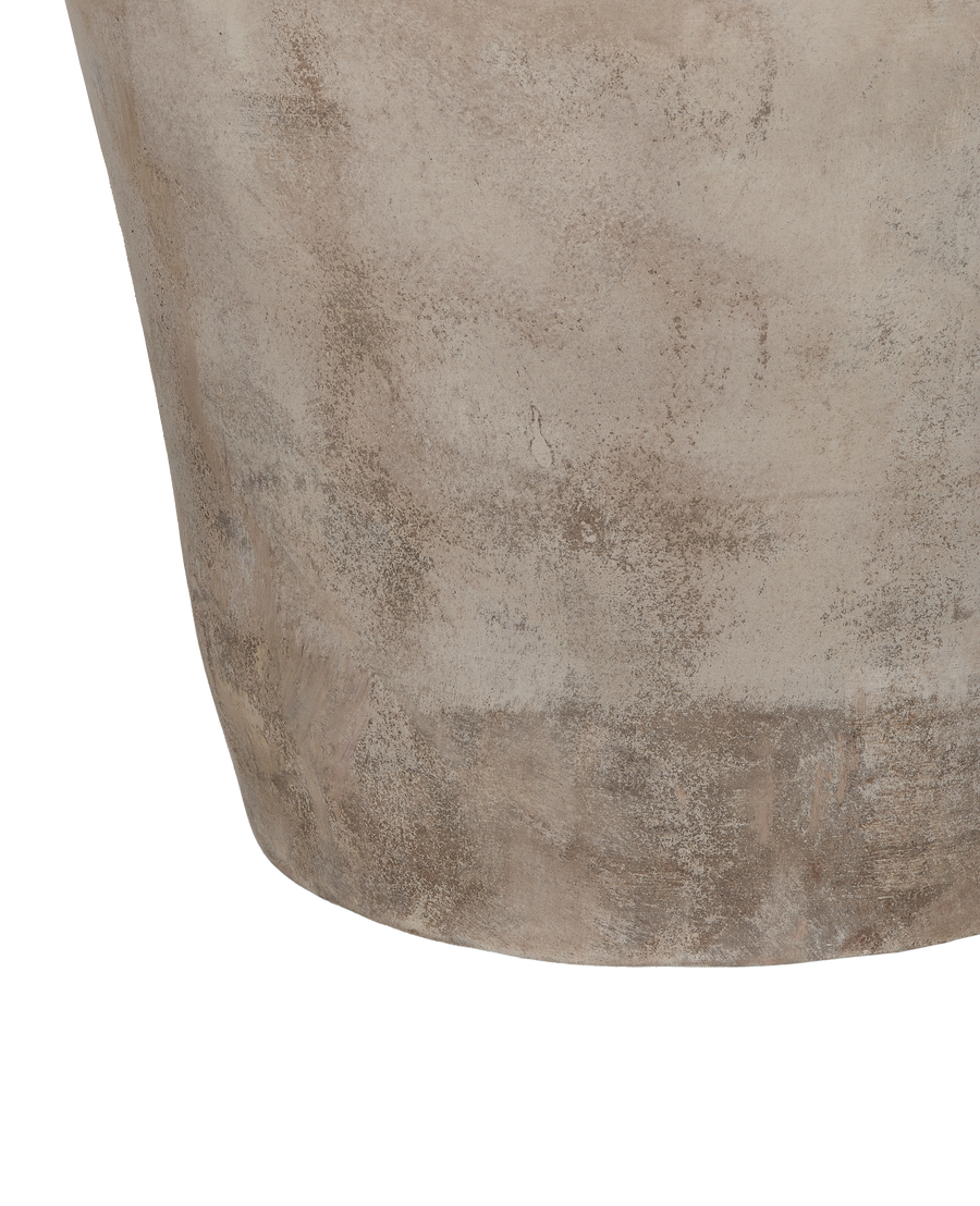 Close-up of matte gray Vietnamese Arbor Pot's weathered, textured surface with natural imperfections.