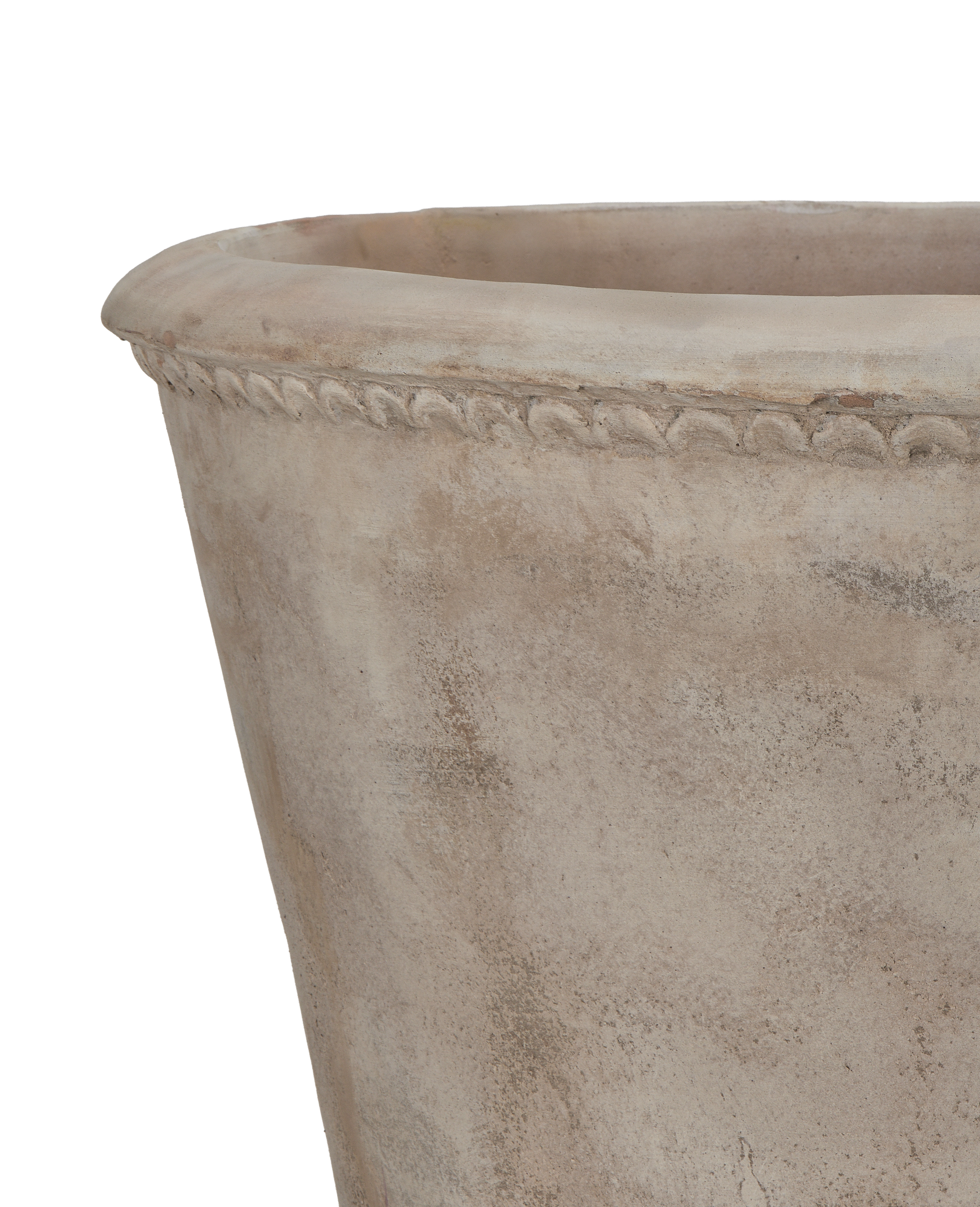 Close-up of matte Vietnamese Arbor pot's ornate rim detail and distressed texture.