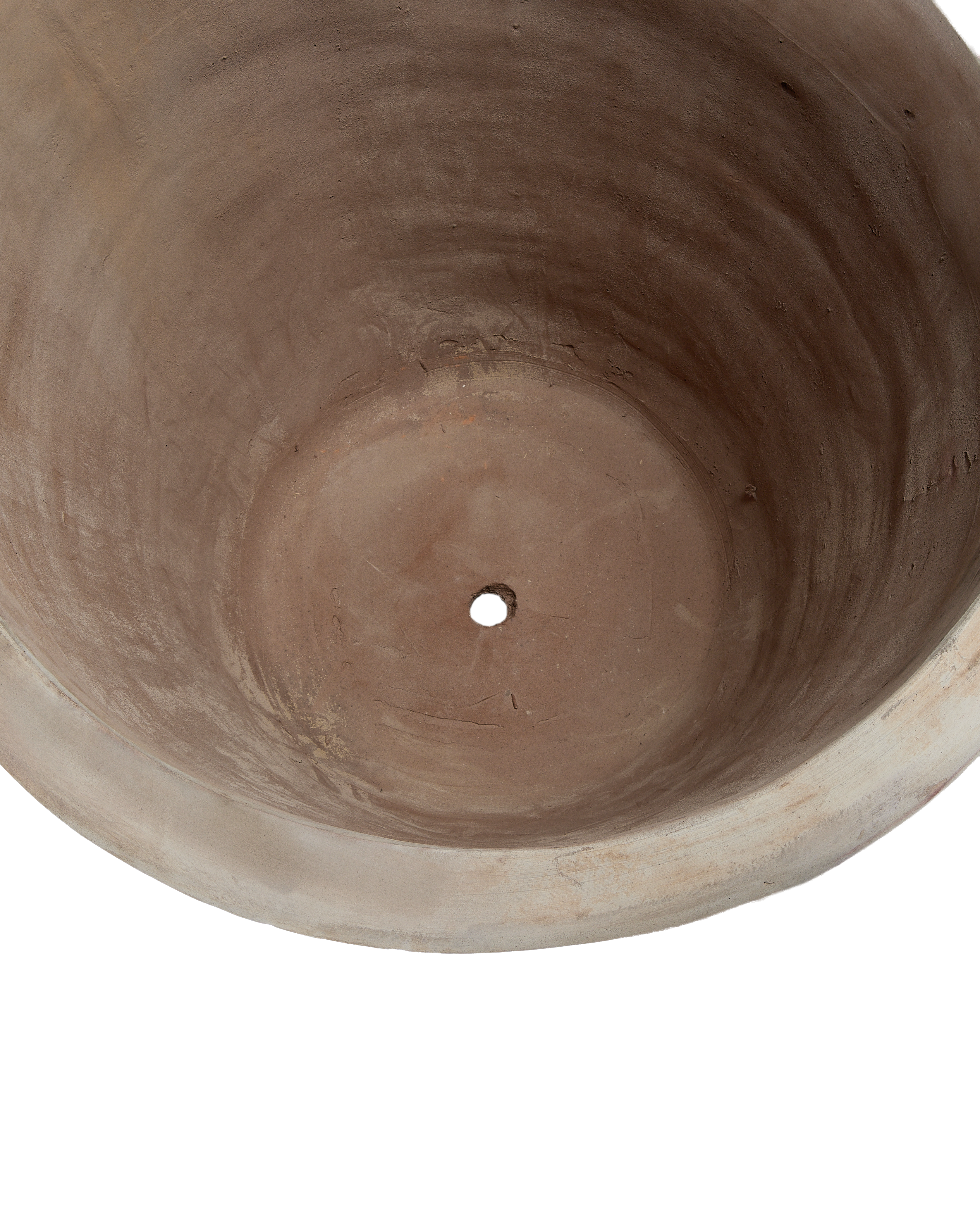 Arbor Pot, Vietnam; view inside showing porous terra cotta texture and drainage hole.