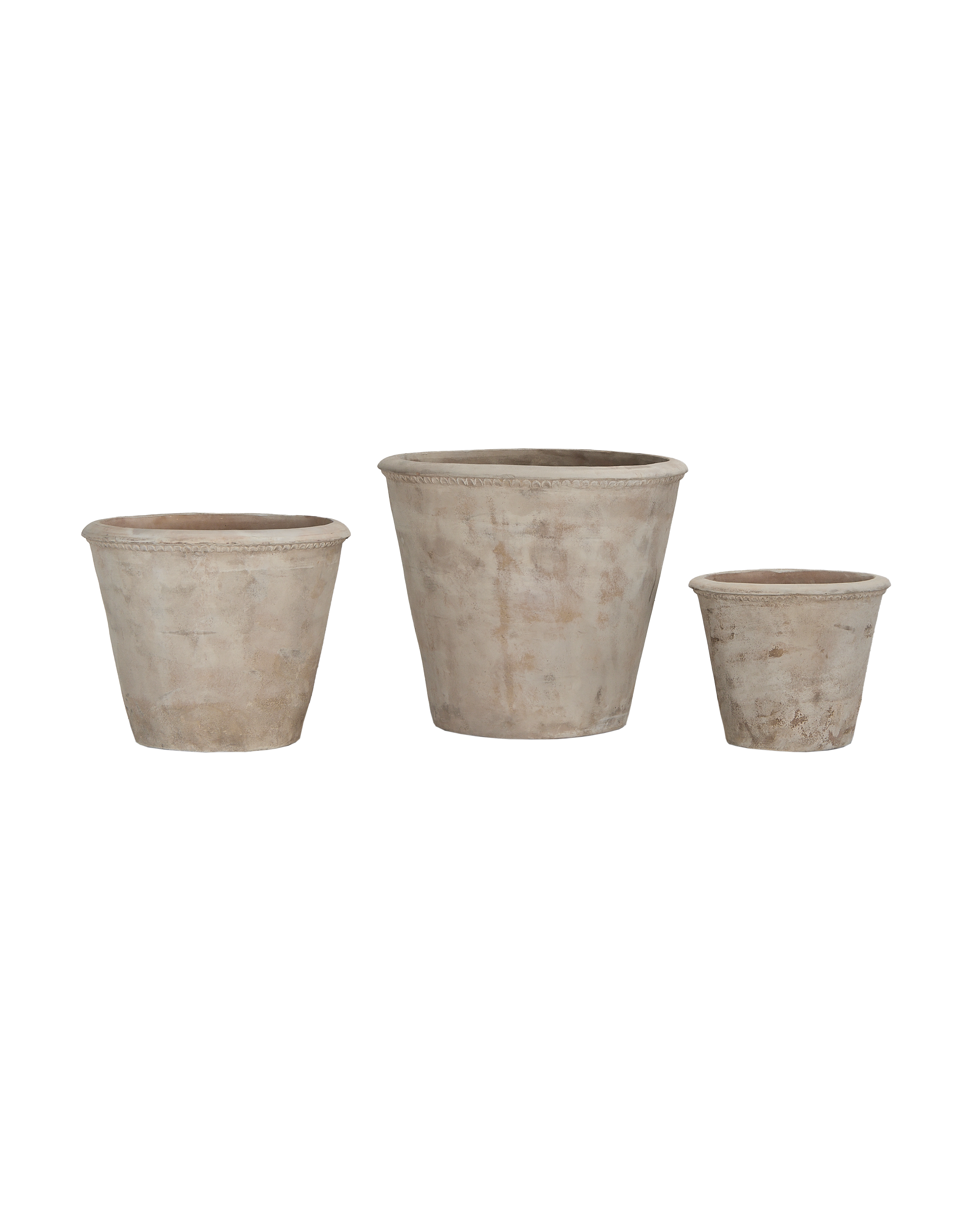 Set of three vintage Vietnamese Arbor clay garden pots, varying sizes, aged weathered patina.
