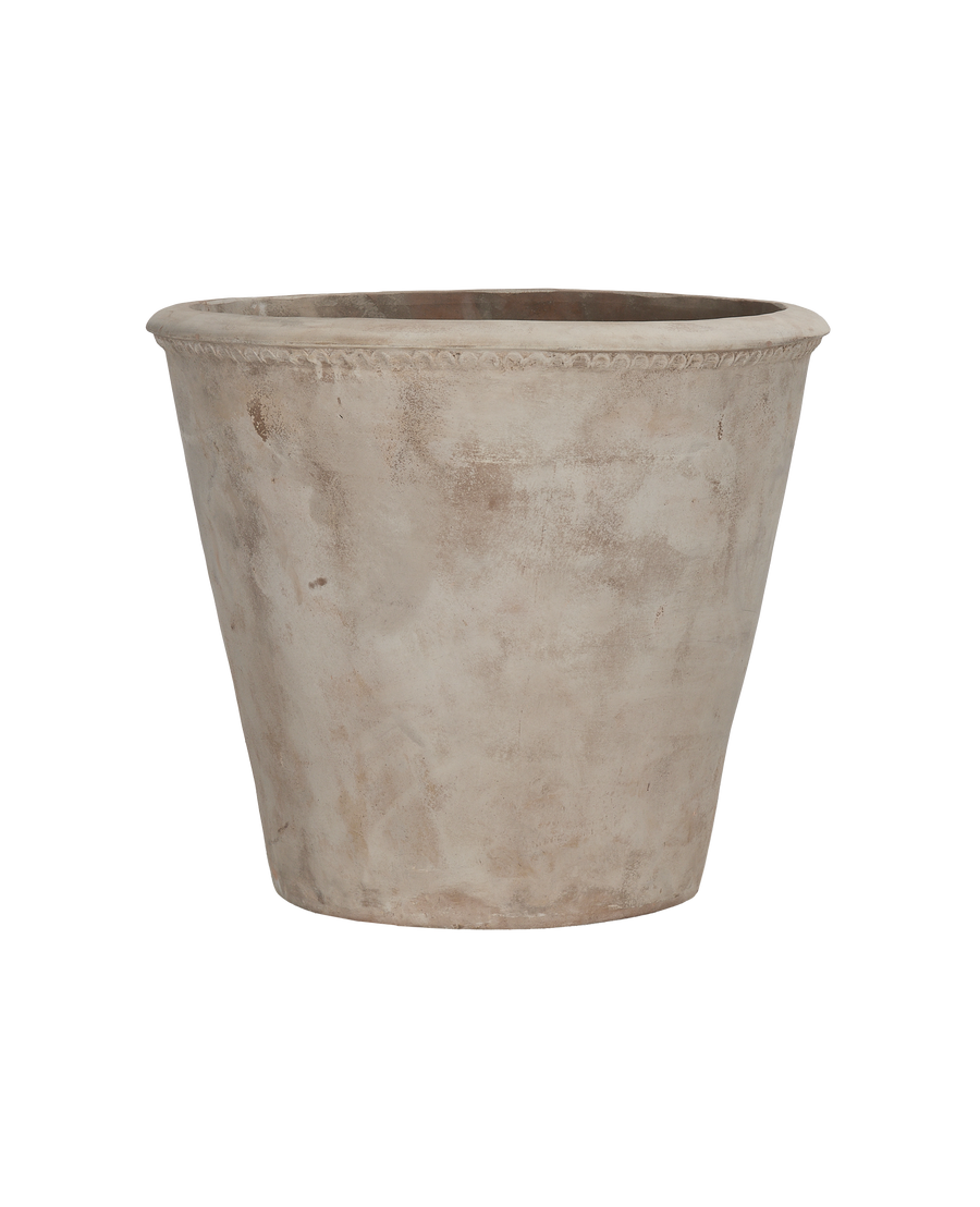 Vintage Vietnamese tapered terracotta Arbor Pot (bulk), weathered texture, detailed rim band.