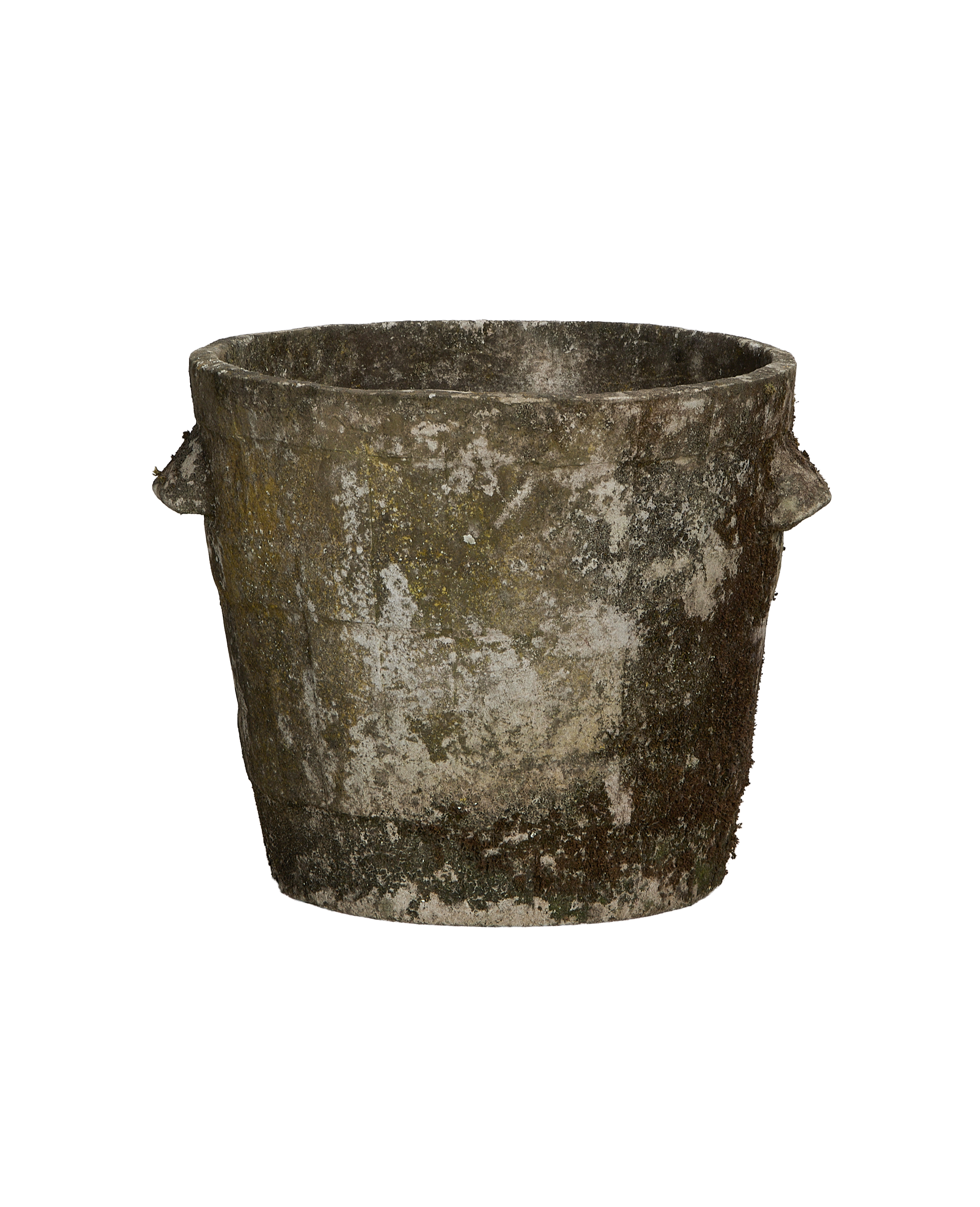 Willy Guhl vintage planter, Faserzement cement, basket-shape, weathered patina with moss and white residue, handles.