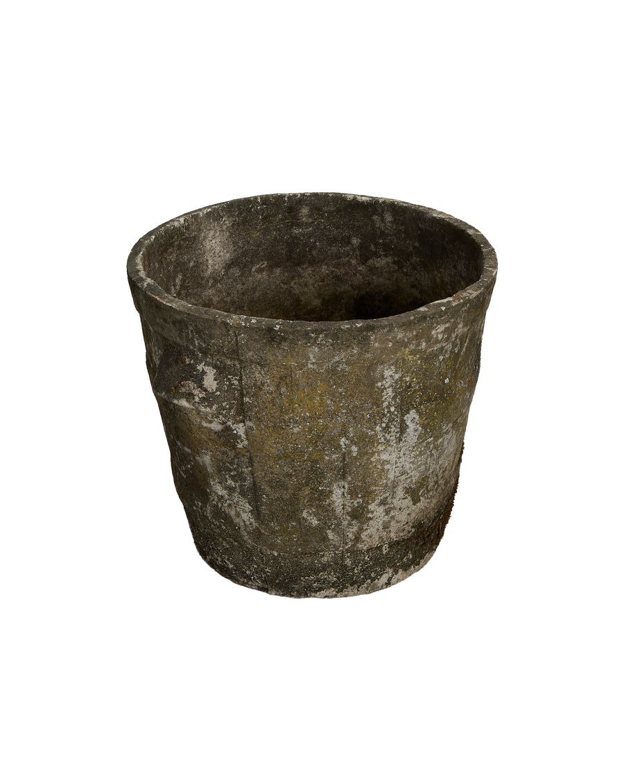 Vintage Willy Guhl planter, close-up of textured concrete with unique weathering and subtle moss.