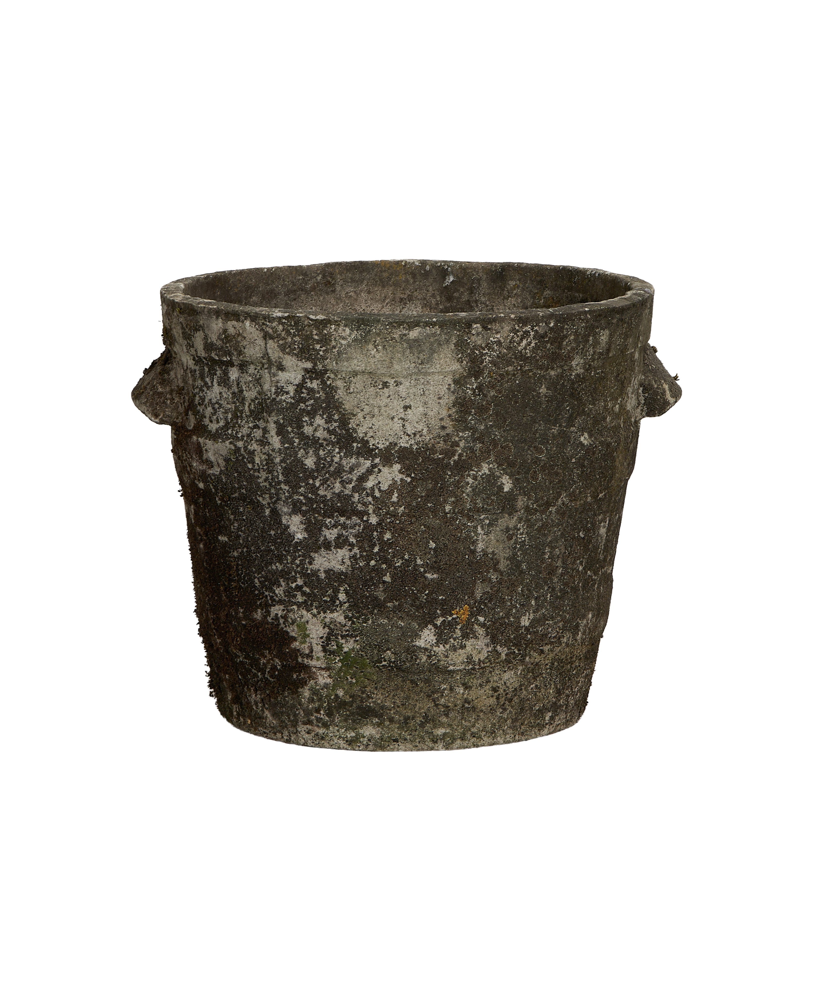 Vintage Willy Guhl fiber cement planter with weathered texture and faint moss.