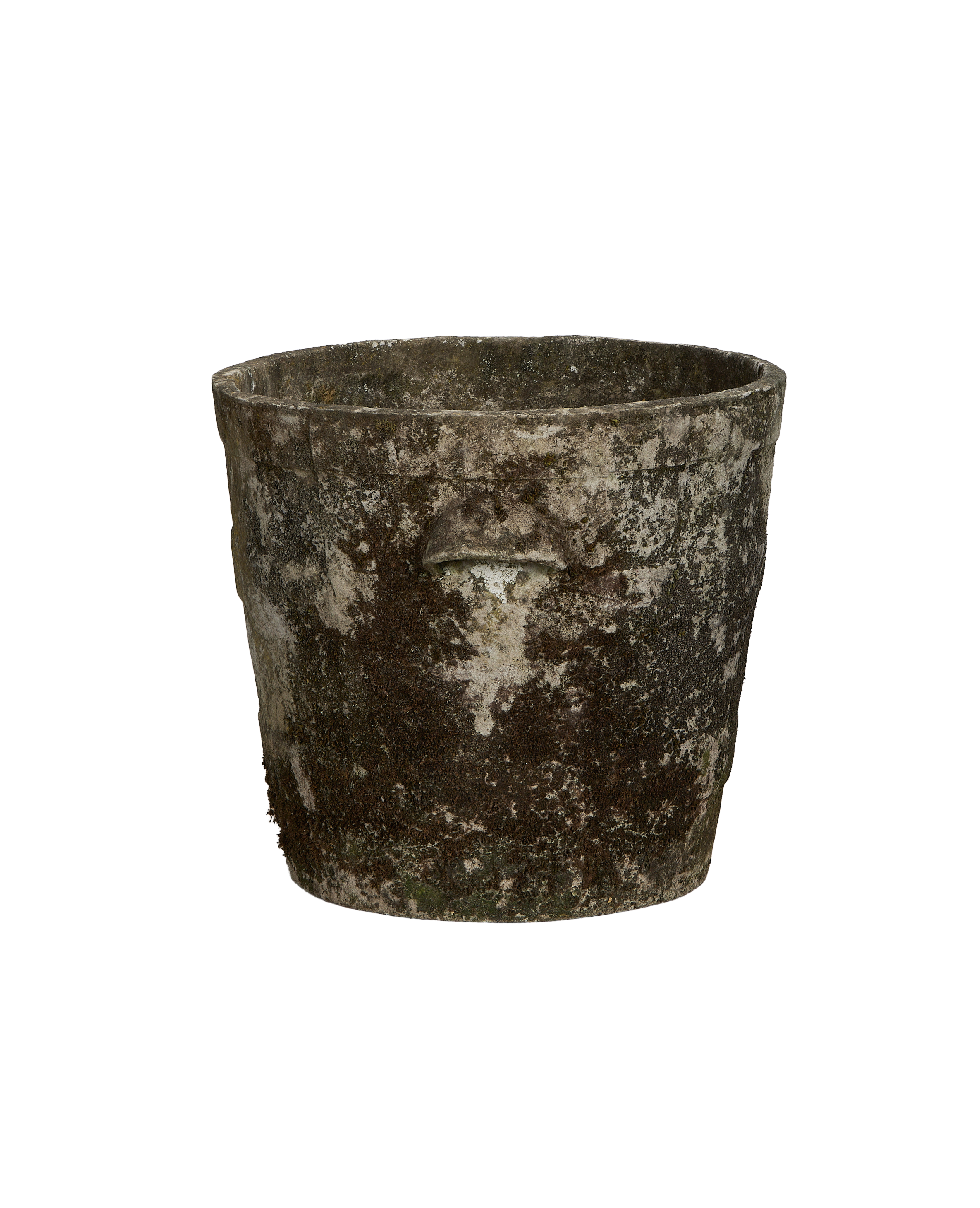 Vintage Willy Guhl concrete planter, basket texture, showing mossy side details.