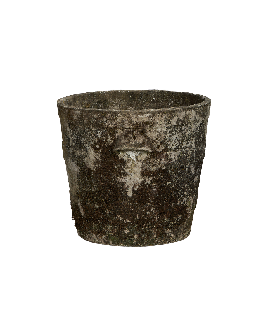 Vintage Willy Guhl concrete planter, basket texture, showing mossy side details.