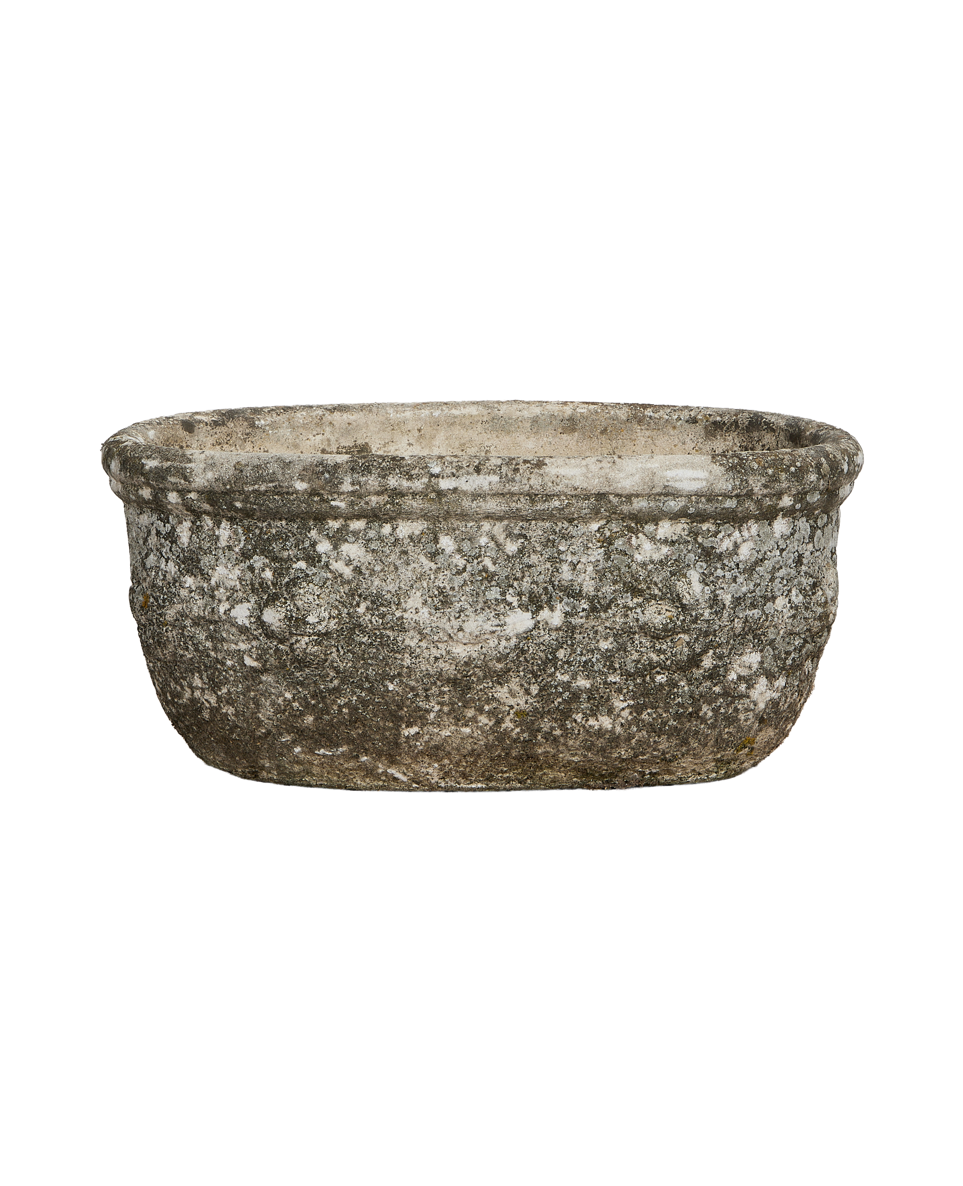Vintage French oval planter; weathered grey stone, detailed rim, perfect garden decor.