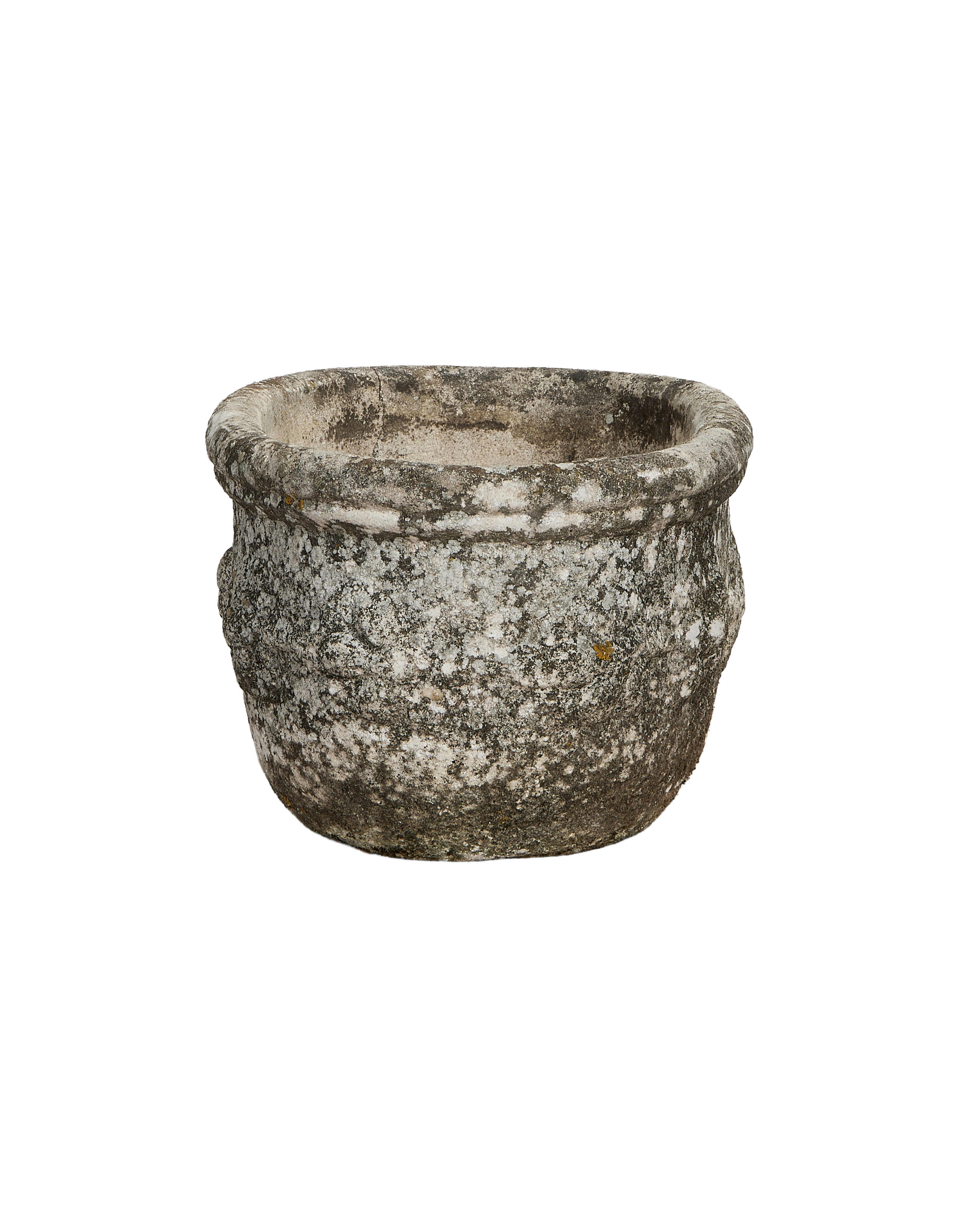 Vintage French oval planter with textured gray stone, visible weathering and aged patina.