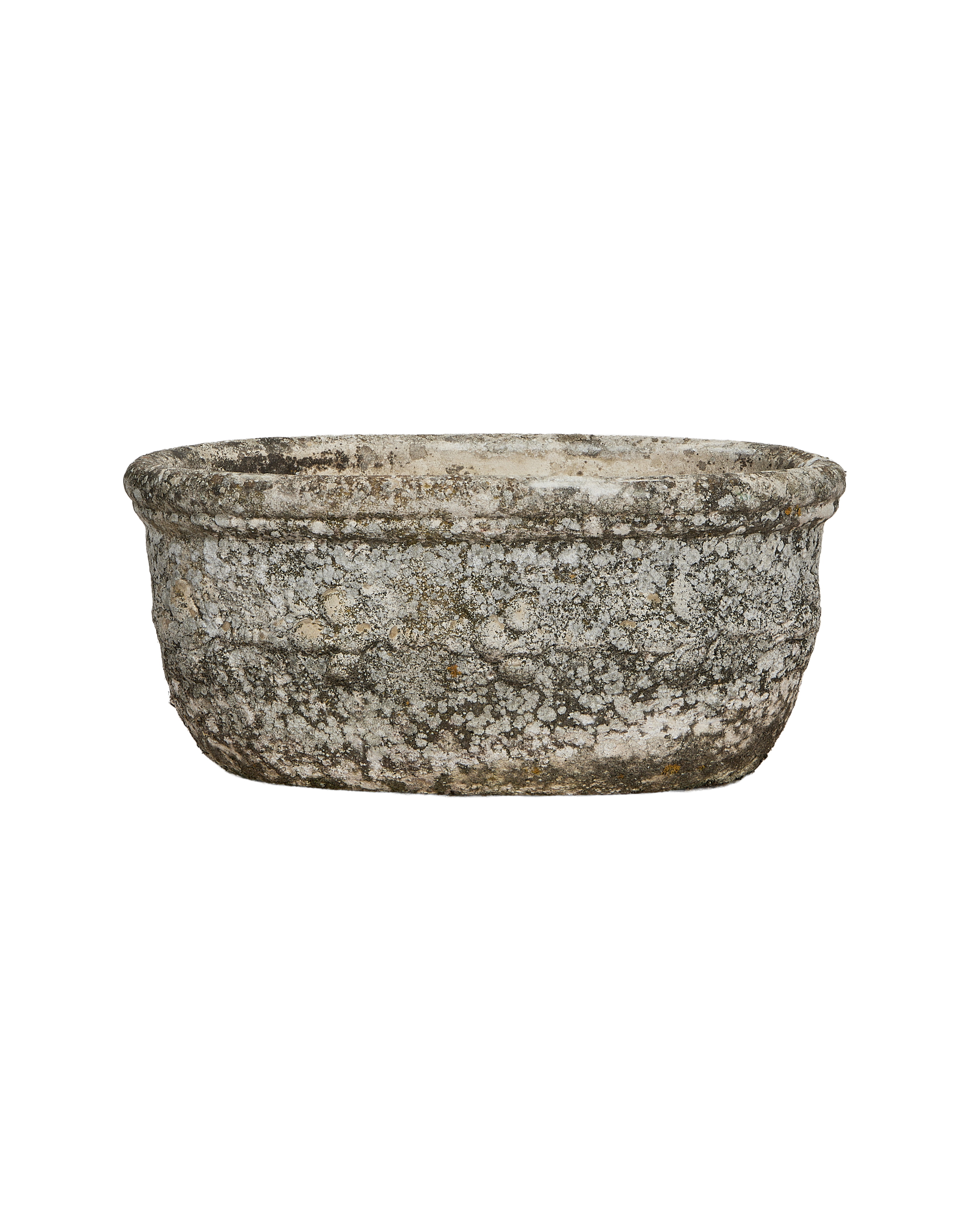 Vintage French oval planter with textured concrete surface and weathered gray patina.