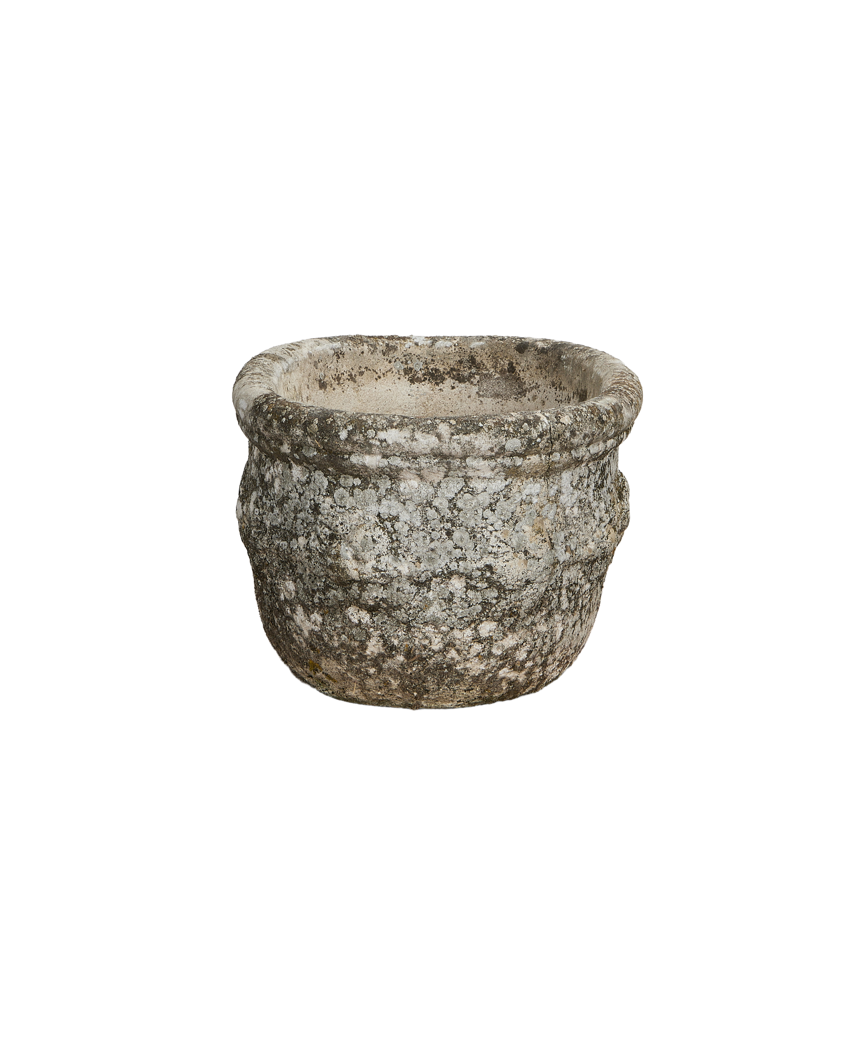 Vintage French concrete oval planter, distressed gray surface with textured details.