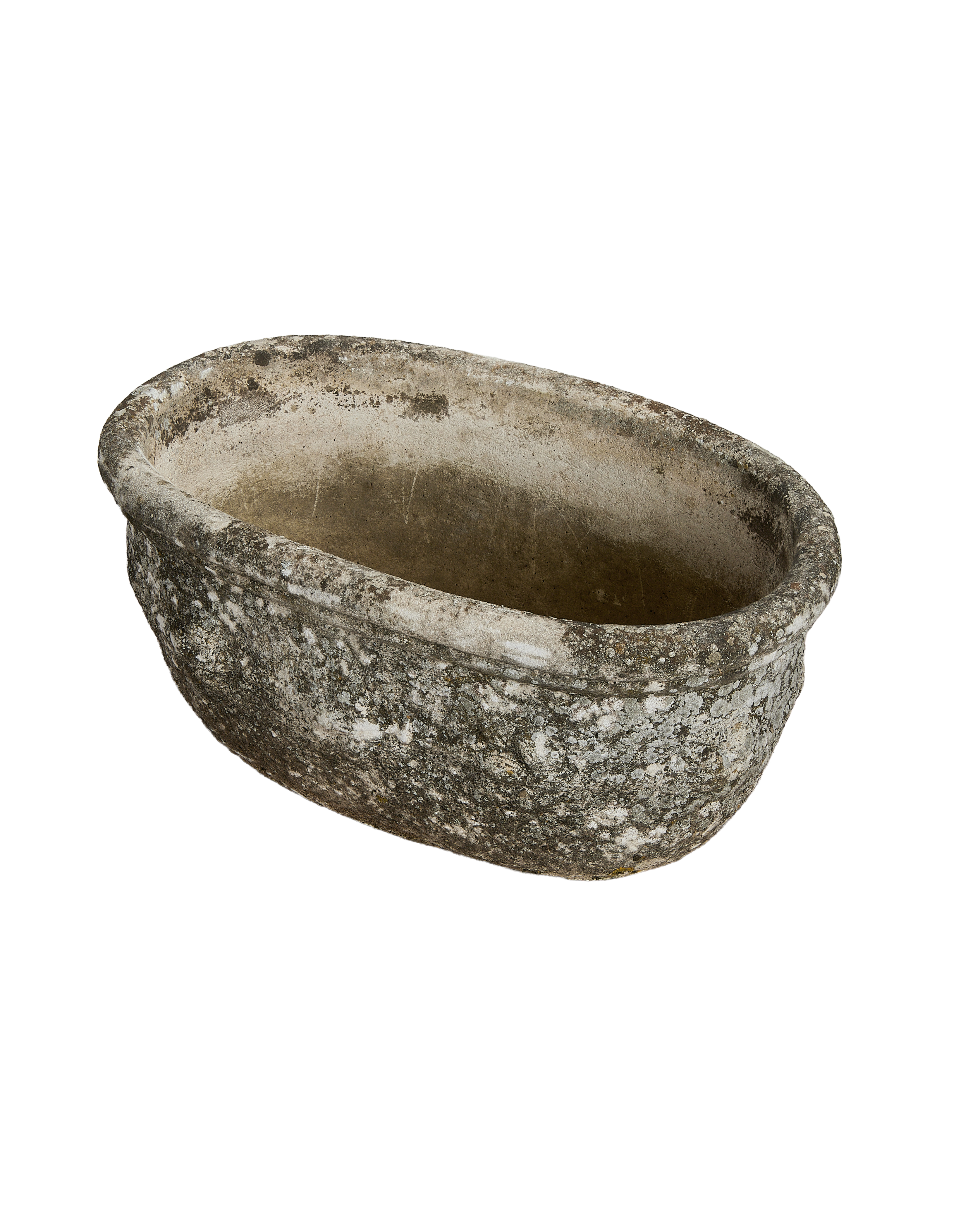 Vintage French oval planter showing weathered concrete texture, lichen, and rounded lip detail.