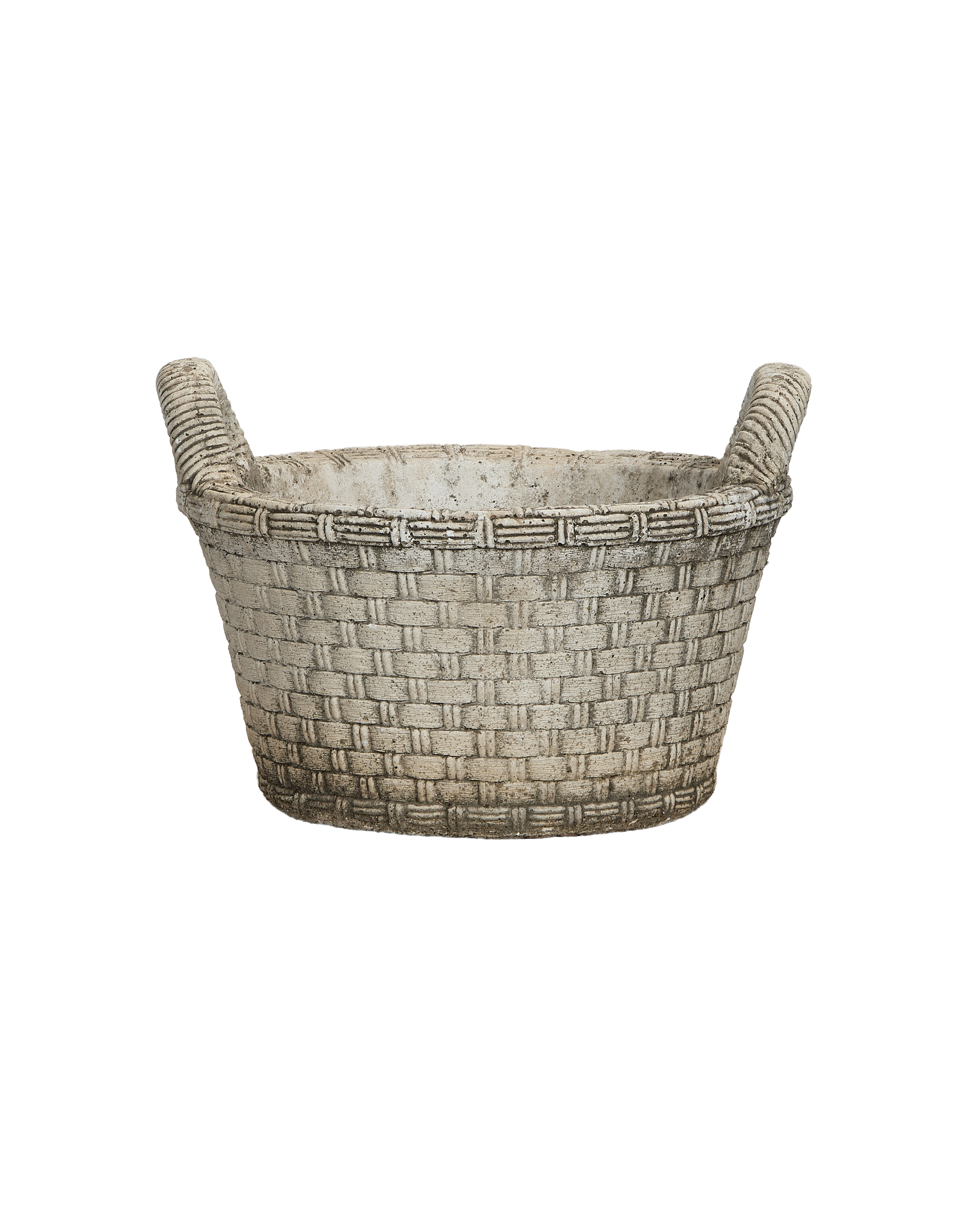 Vintage French basket planter, weathered stone effect, off-white, with molded woven texture.