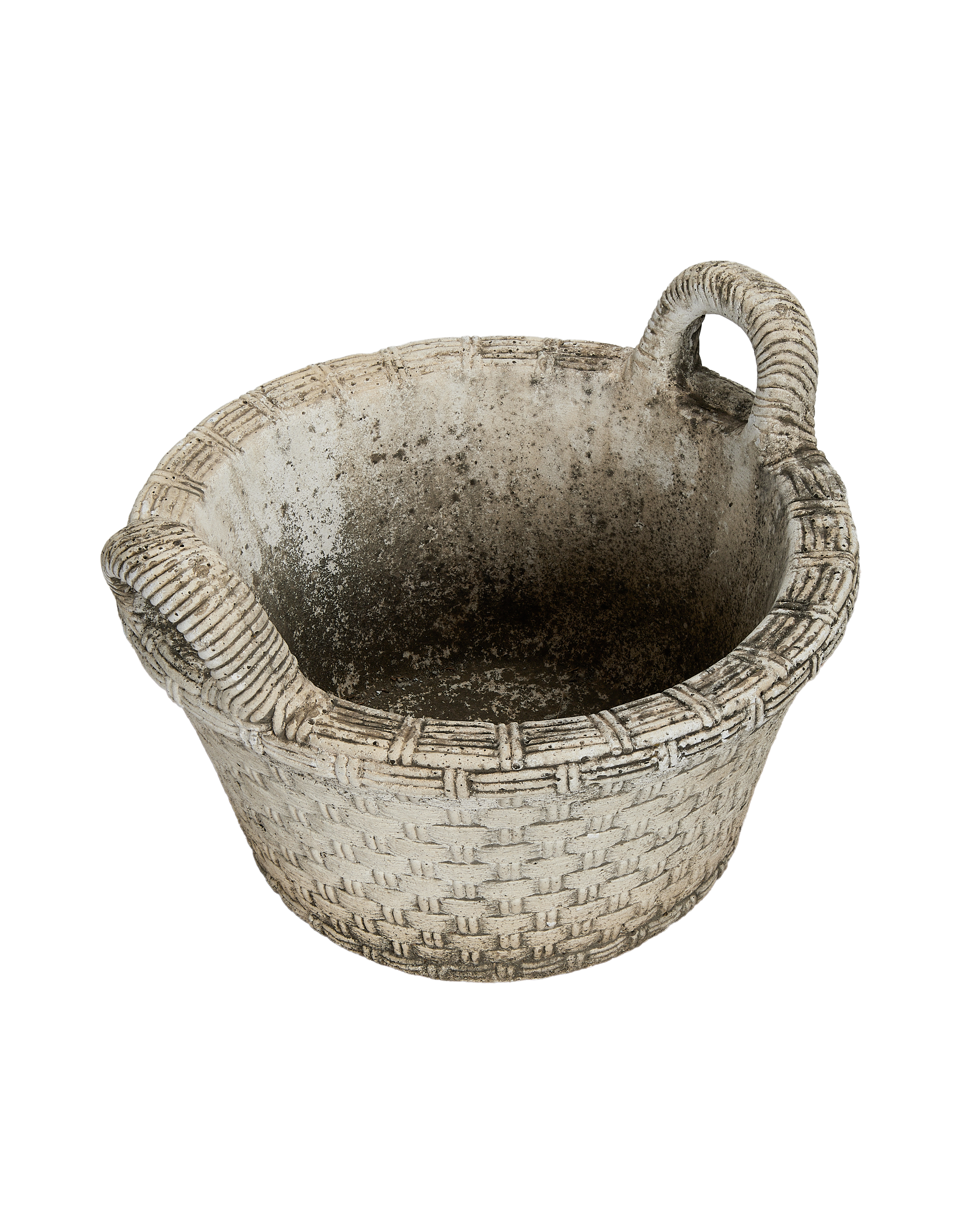 Vintage French basket planter, top-down view showing weathered interior and textured handles.