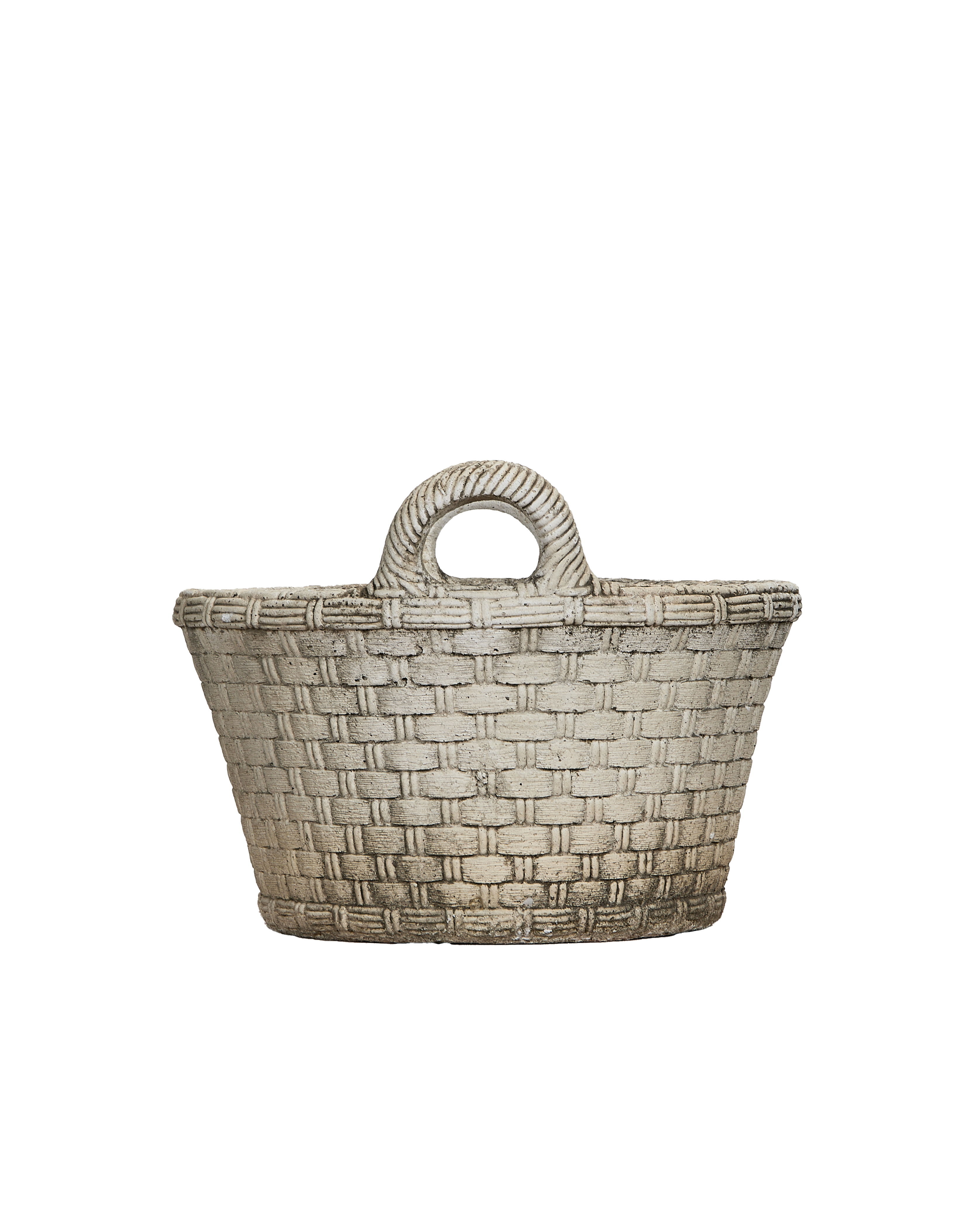 Close-up showing textured handle and woven pattern of vintage French concrete basket planter.