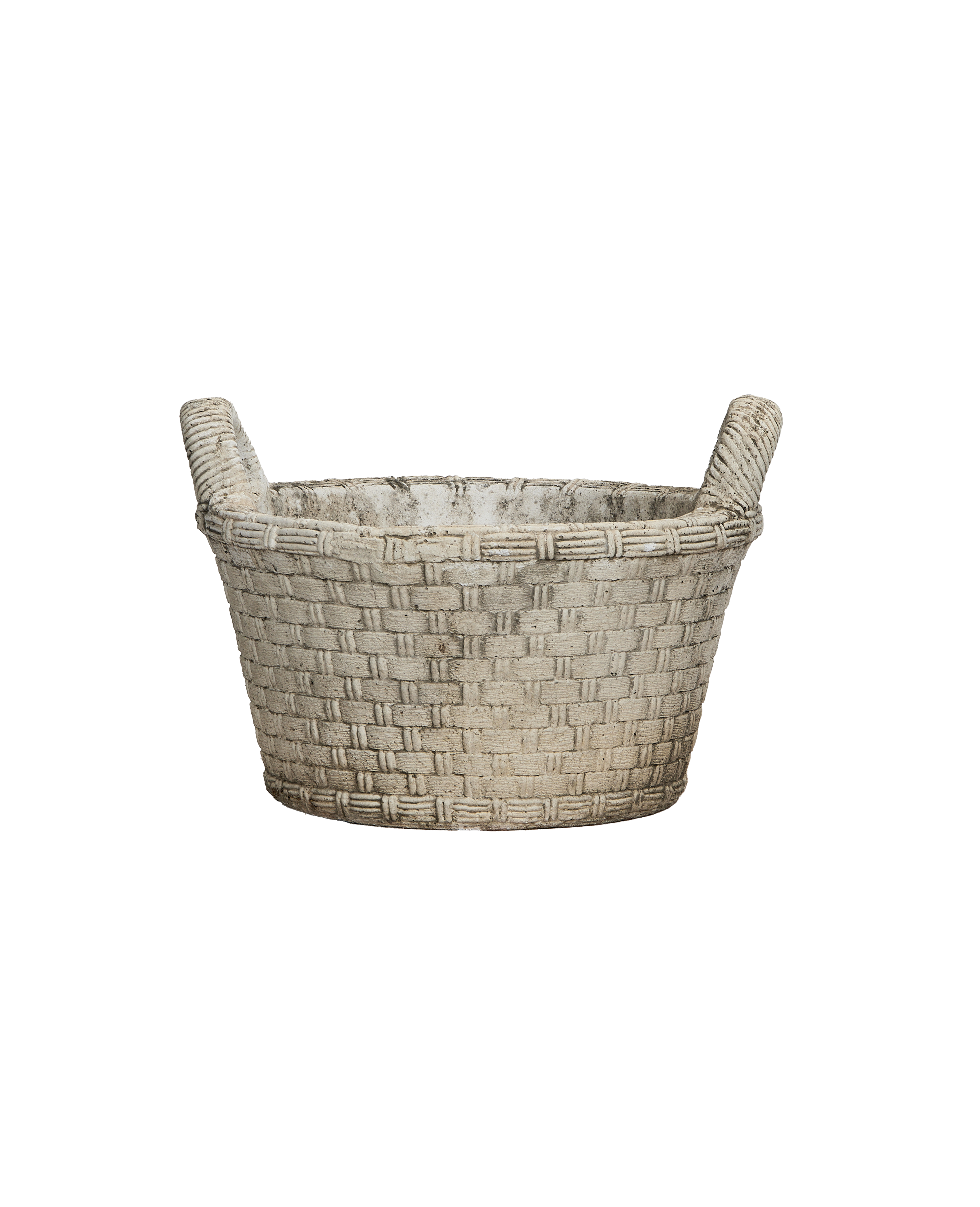 Vintage French bulk concrete basket planter, detailed view of textured woven handles and worn finish.