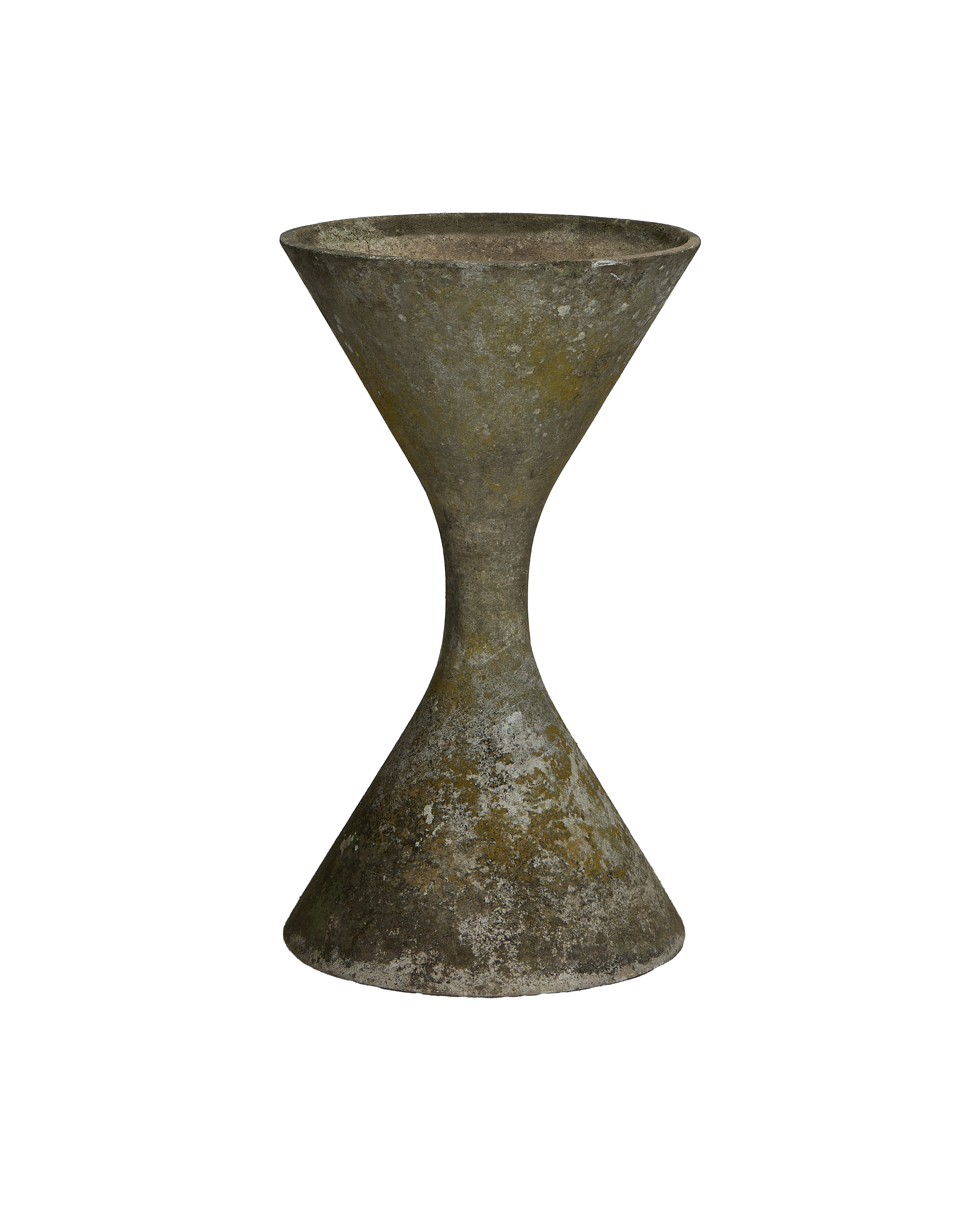 Willy Guhl Diablo planter, vintage fiber cement, hourglass shape, rich outdoor patina.