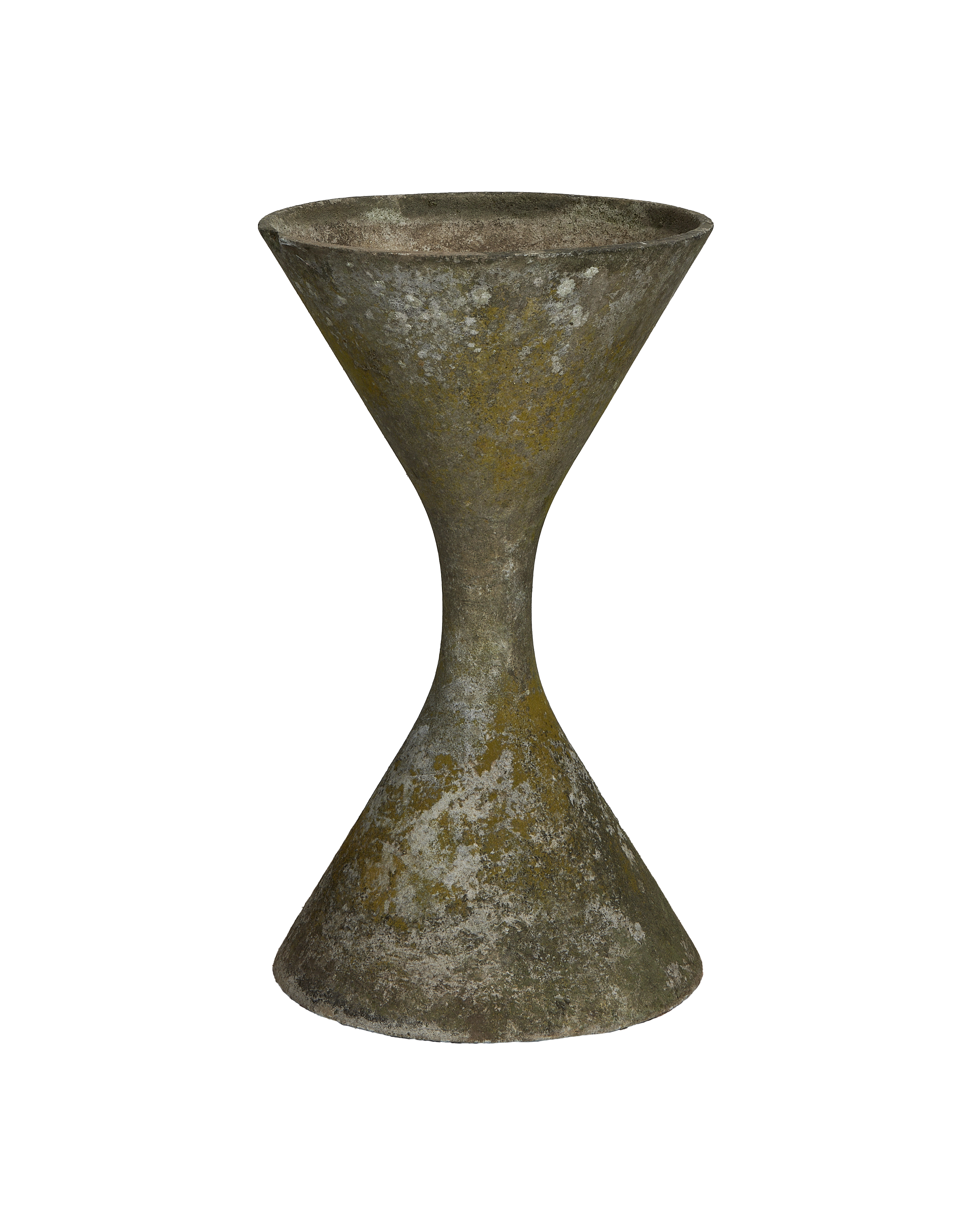Vintage Willy Guhl Planter, Diablo fiber cement, showing weathered Patina with lichen, full view.