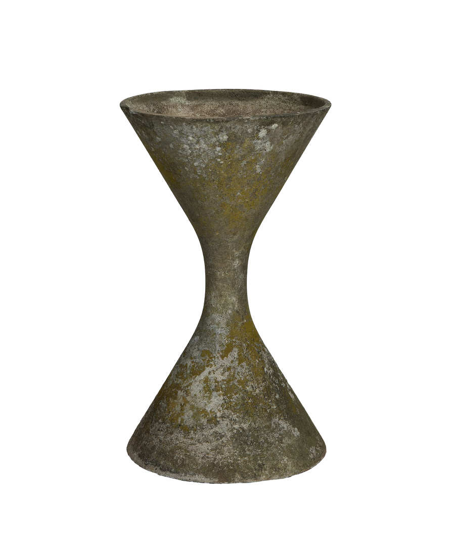 Vintage Willy Guhl Planter, Diablo fiber cement, showing weathered Patina with lichen, full view.