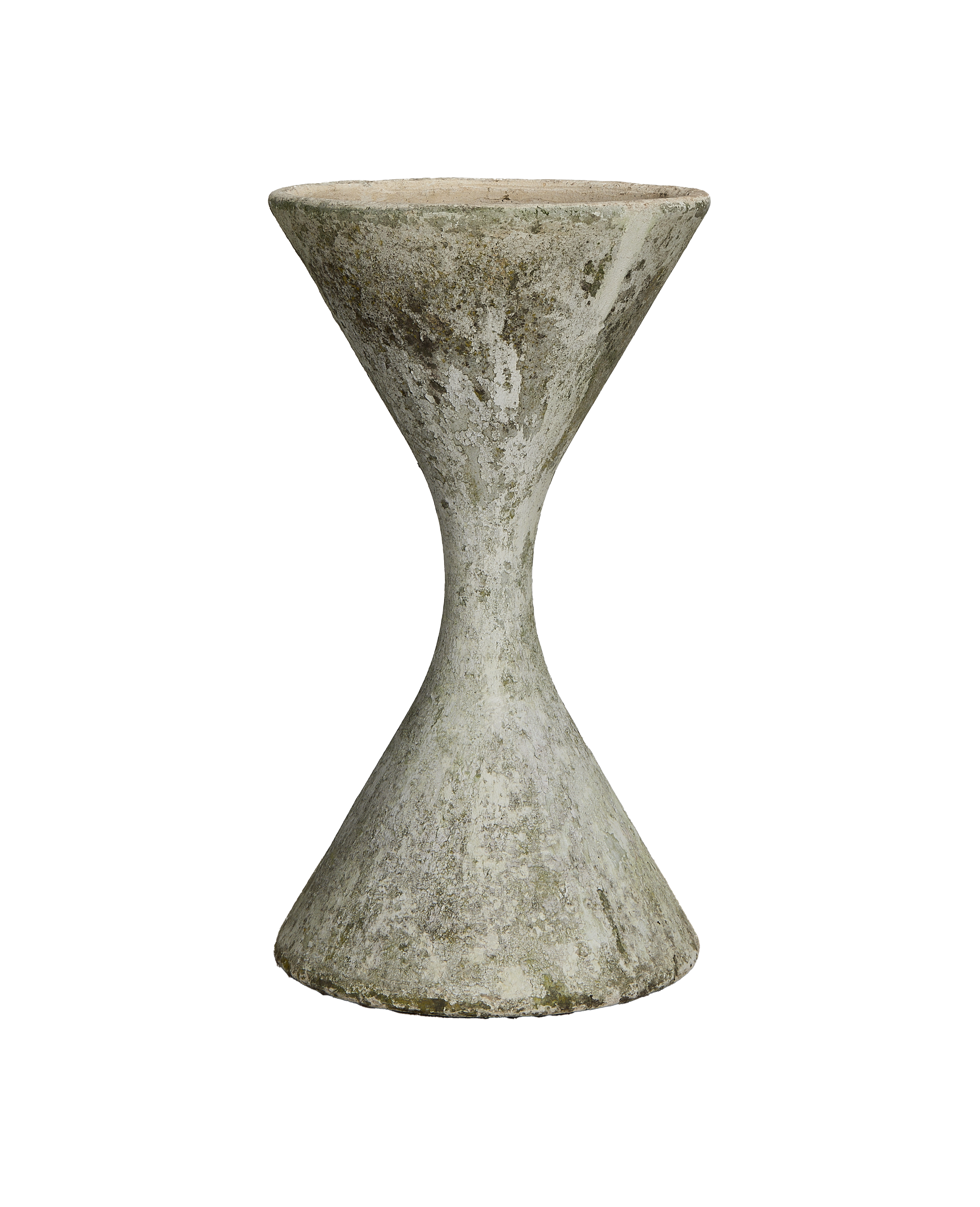 Vintage Willy Guhl diabolo planter, weathered OAK fiber cement, showing textured surface details.