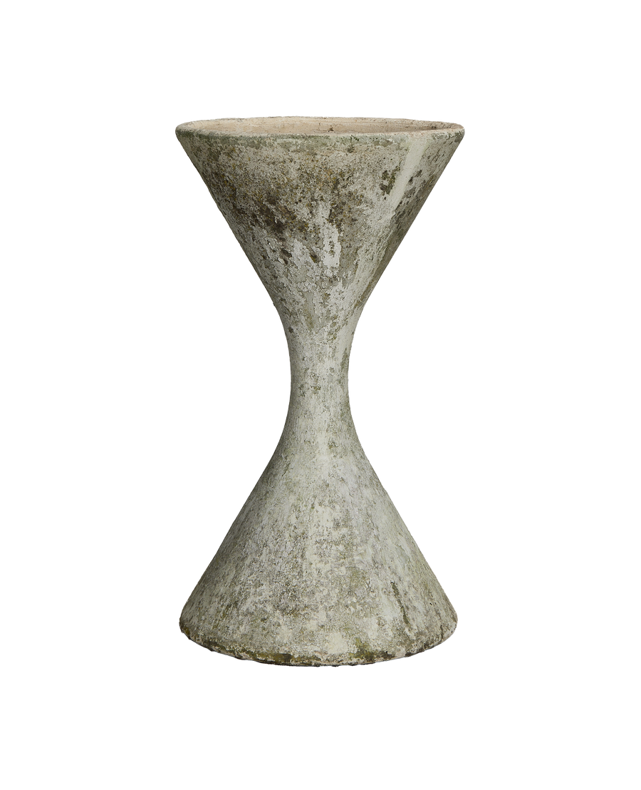 Vintage Willy Guhl diabolo planter, weathered OAK fiber cement, showing textured surface details.