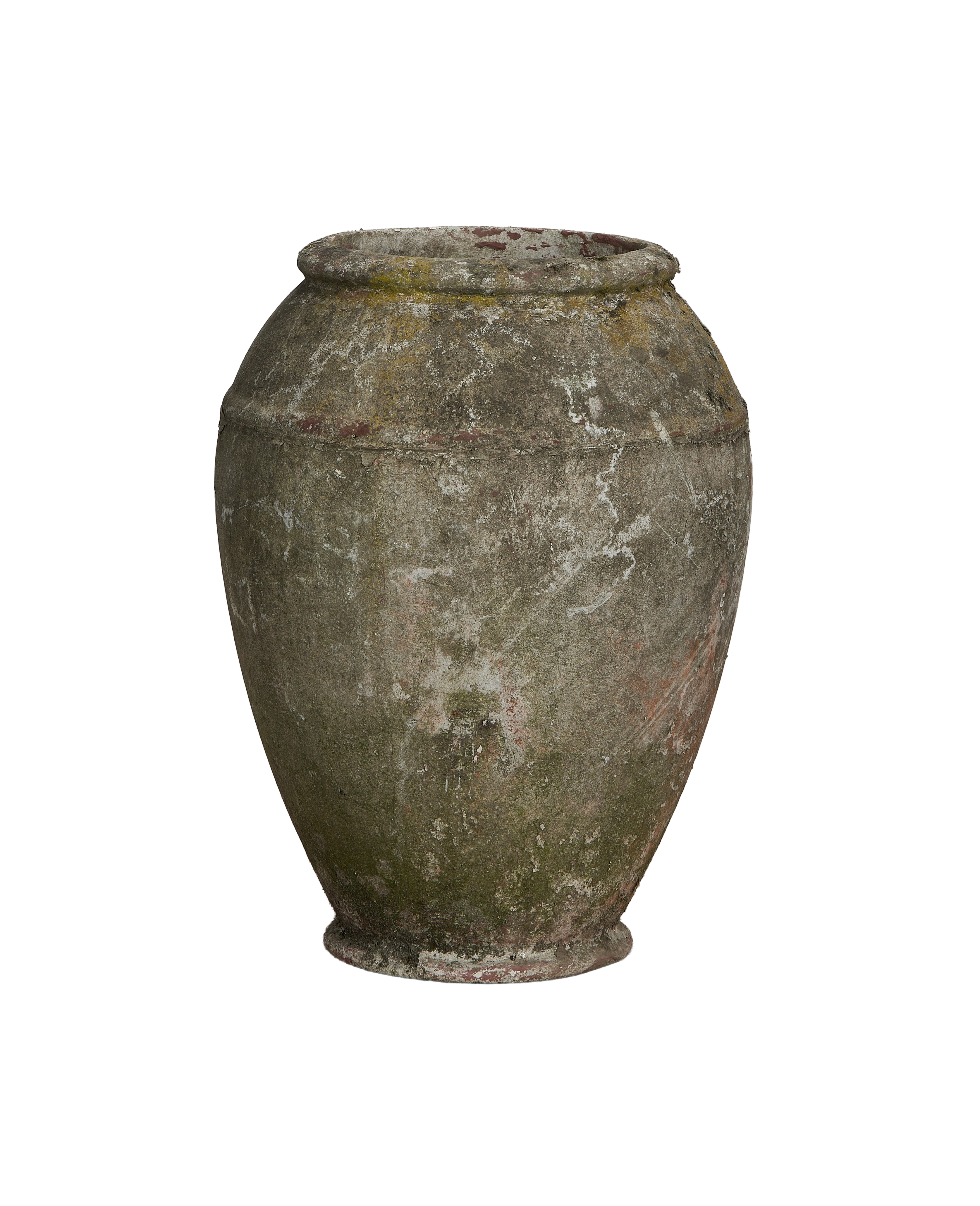 Vintage Willy Guhl planter, close-up of textured concrete with moss and patina.