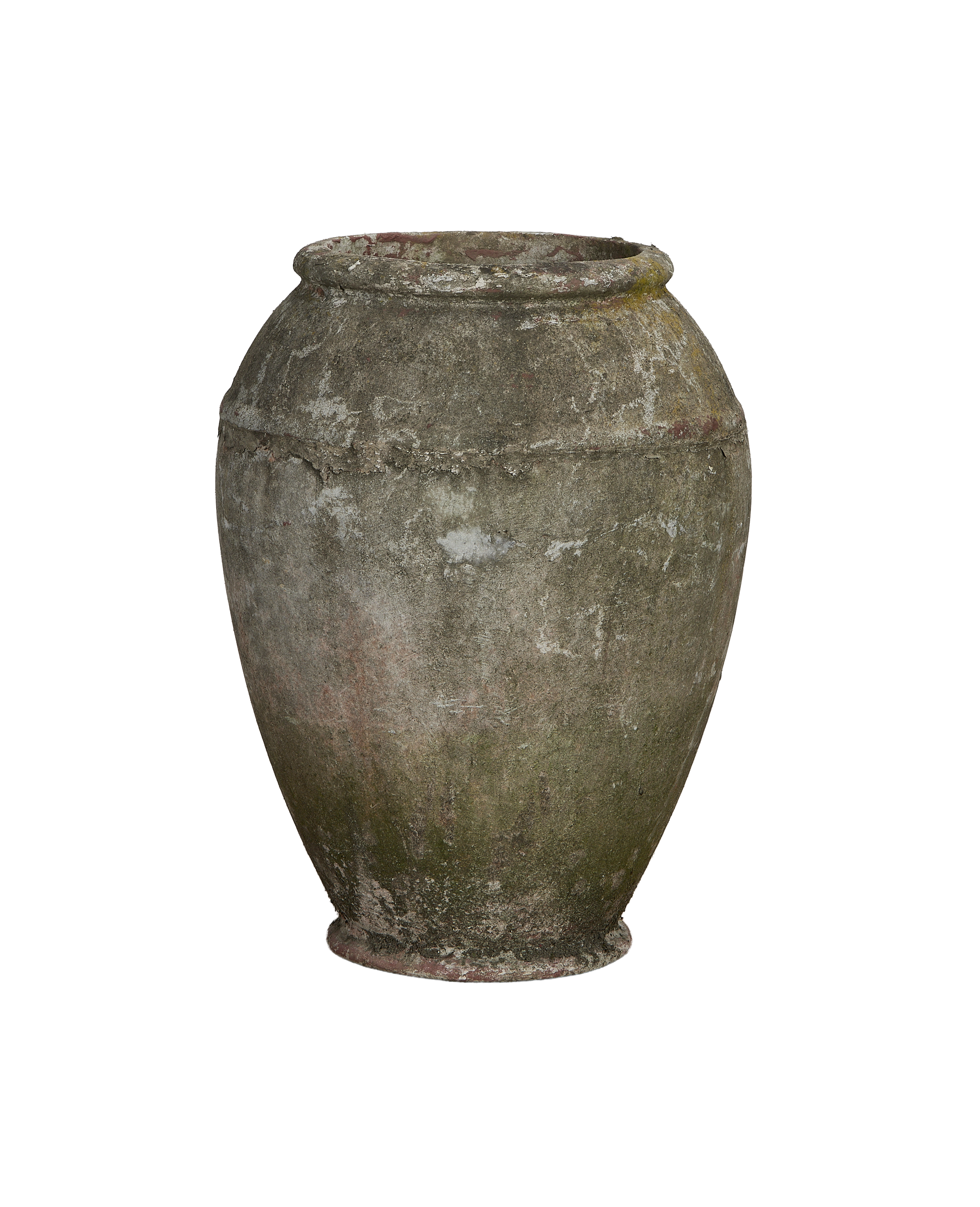 Vintage Willy Guhl conical jardiniere with weathered oak texture and moss accents.