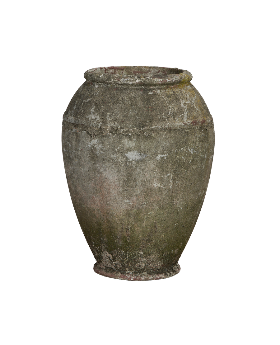 Vintage Willy Guhl conical jardiniere with weathered oak texture and moss accents.