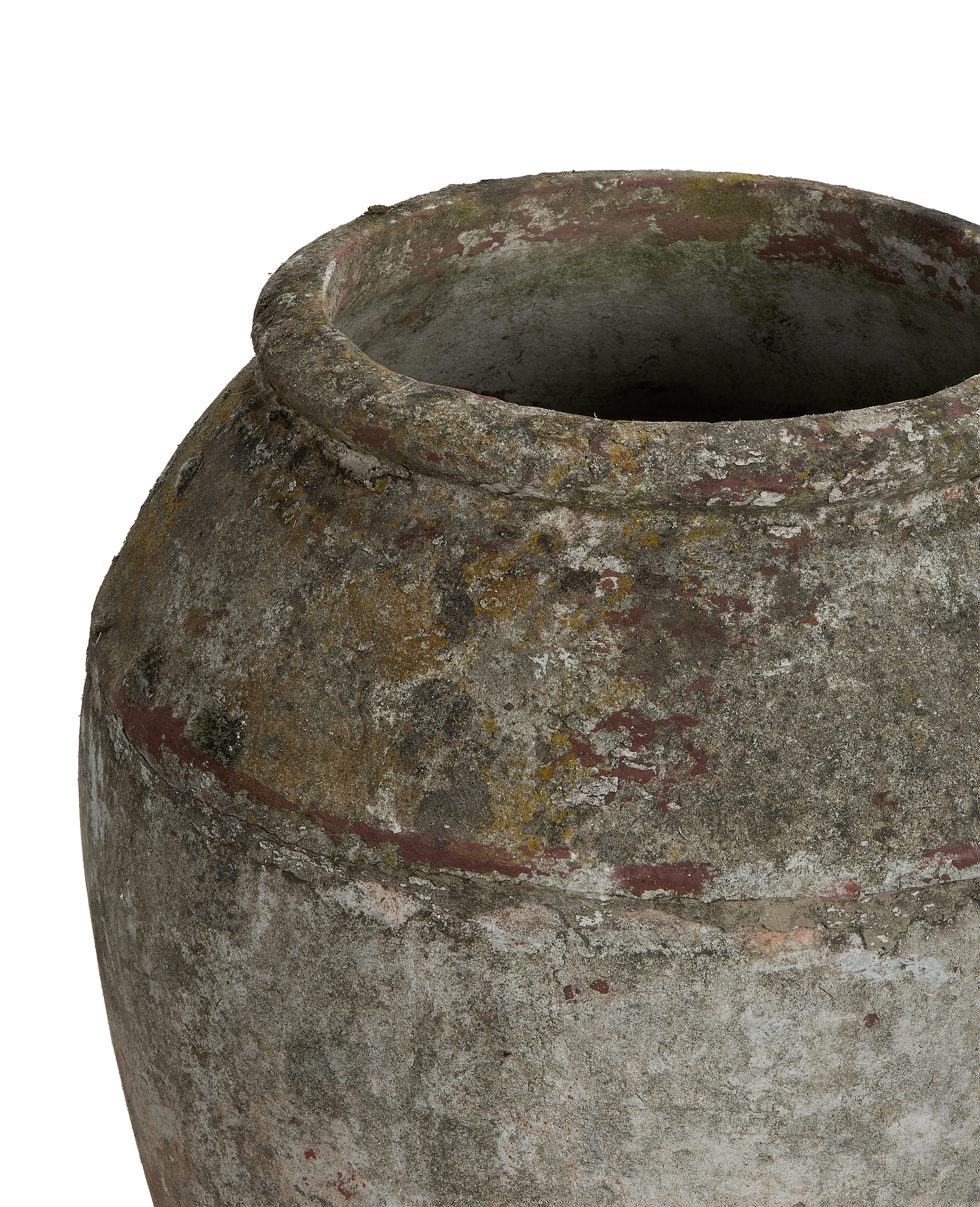 Willy Guhl concrete planter showing natural mossy, weathered texture and red band from above.