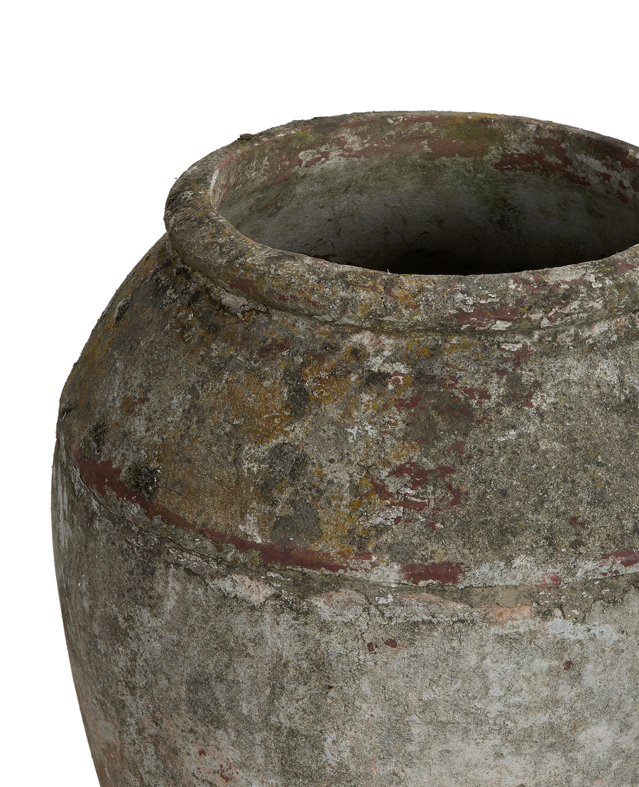 Willy Guhl concrete planter showing natural mossy, weathered texture and red band from above.