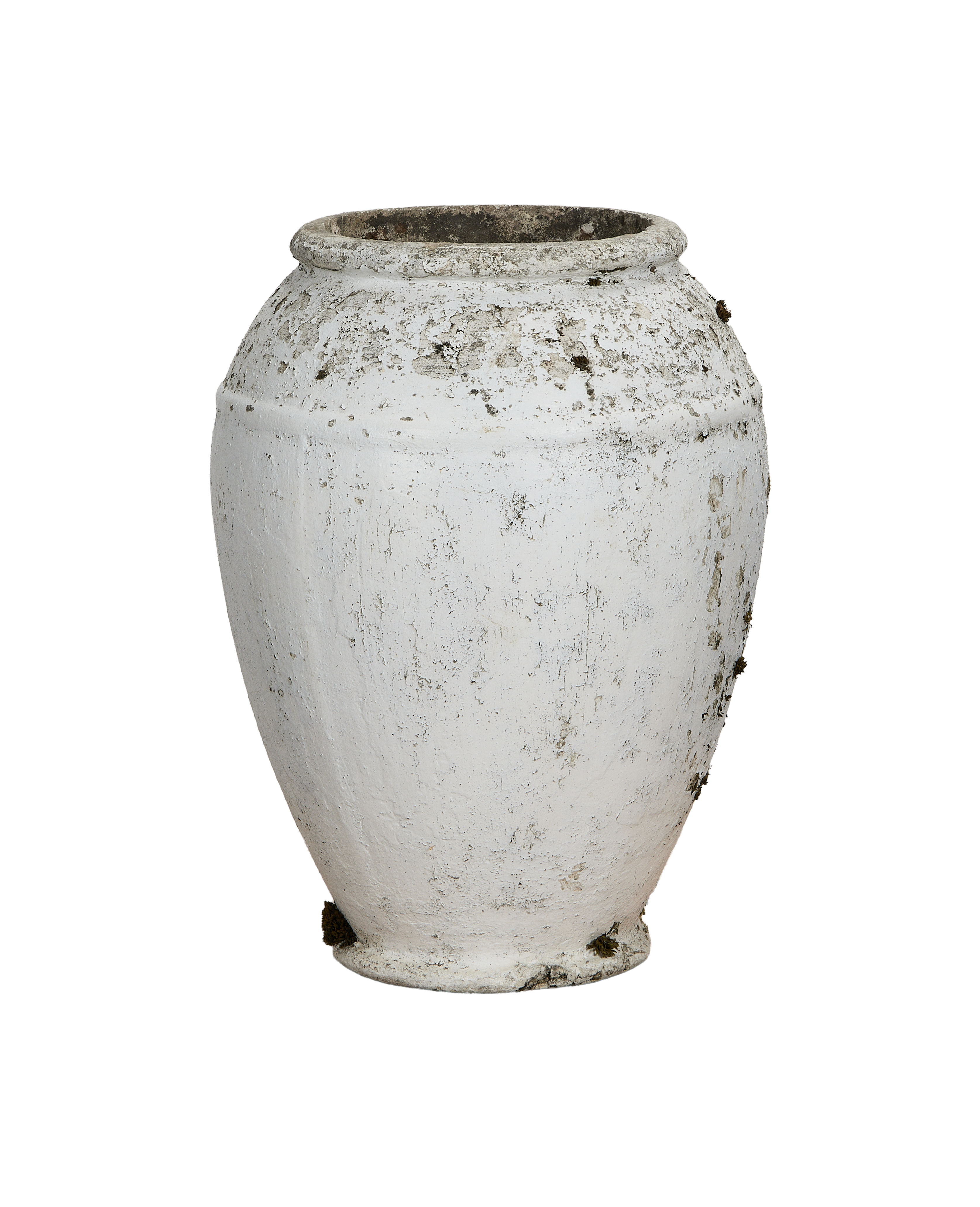 Vintage Willy Guhl conical planter, showing weathered white fiber cement and rustic texture.