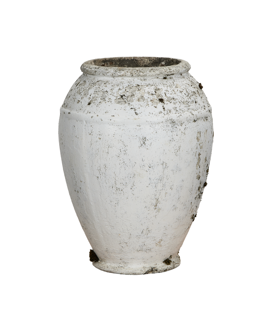 Vintage Willy Guhl conical planter, showing weathered white fiber cement and rustic texture.