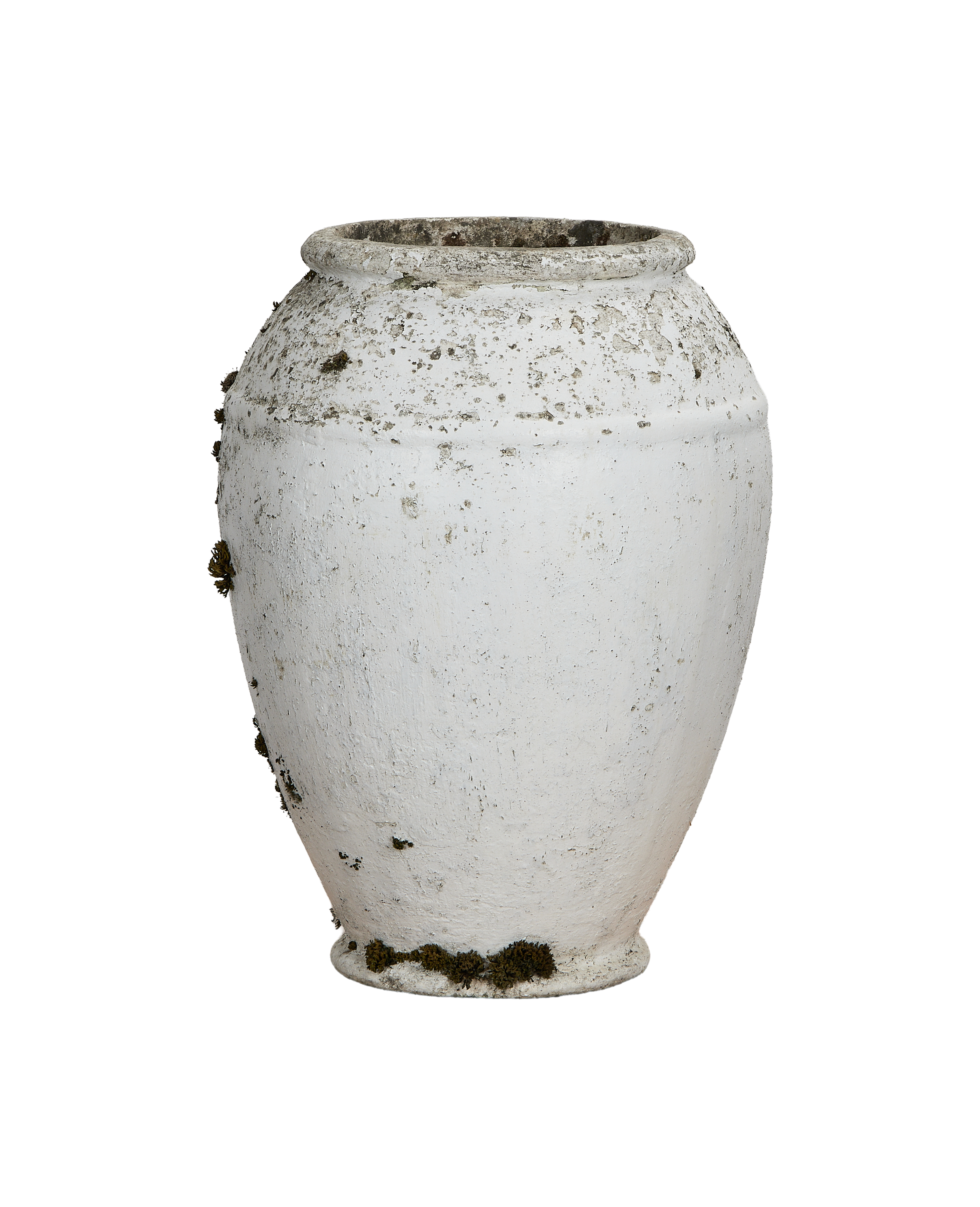 Vintage Willy Guhl planter, tall round shape with weathered white finish and moss.