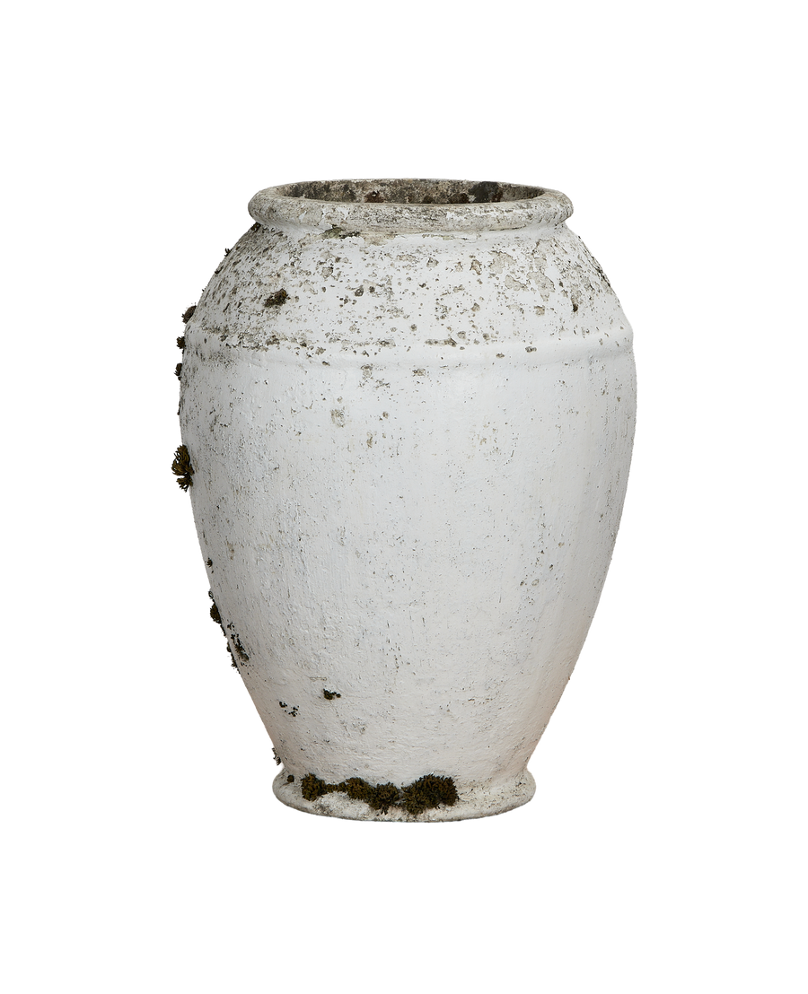 Vintage Willy Guhl planter, tall round shape with weathered white finish and moss.