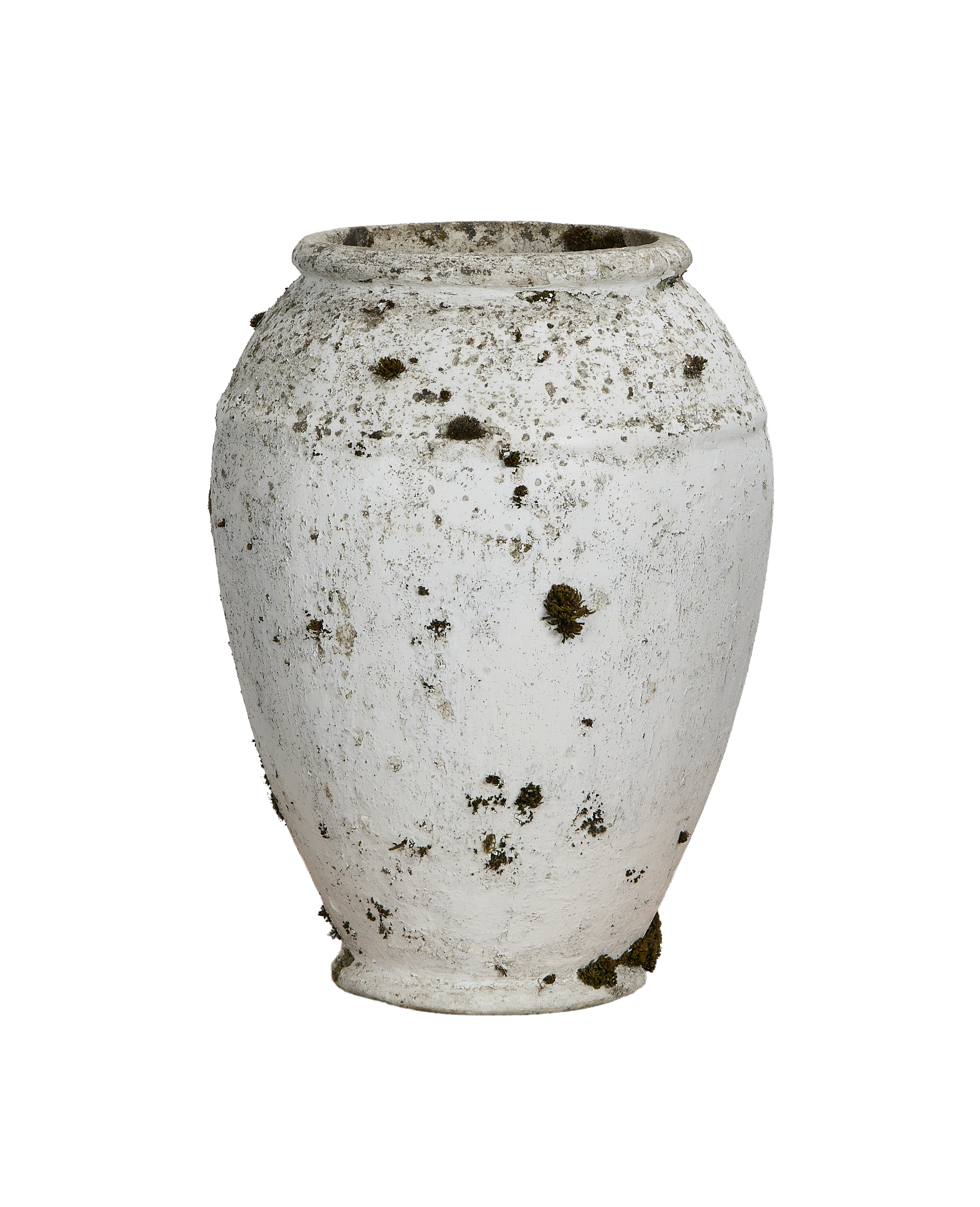 Vintage Willy Guhl Swiss fiber cement planter, 1950s, showing textured weathered white surface with moss.