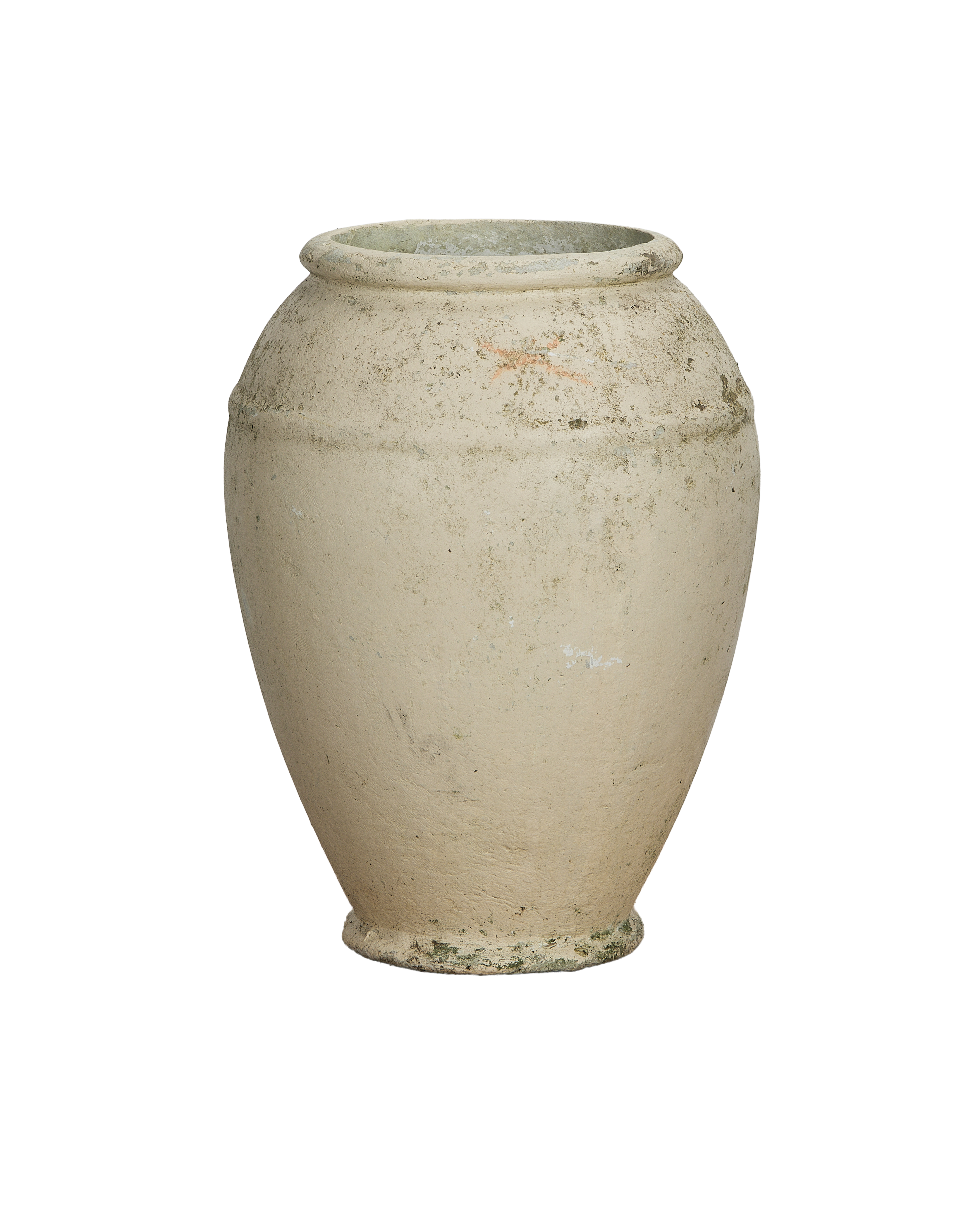 Vintage Willy Guhl conical fiber cement planter, cream, with weathered green patina.