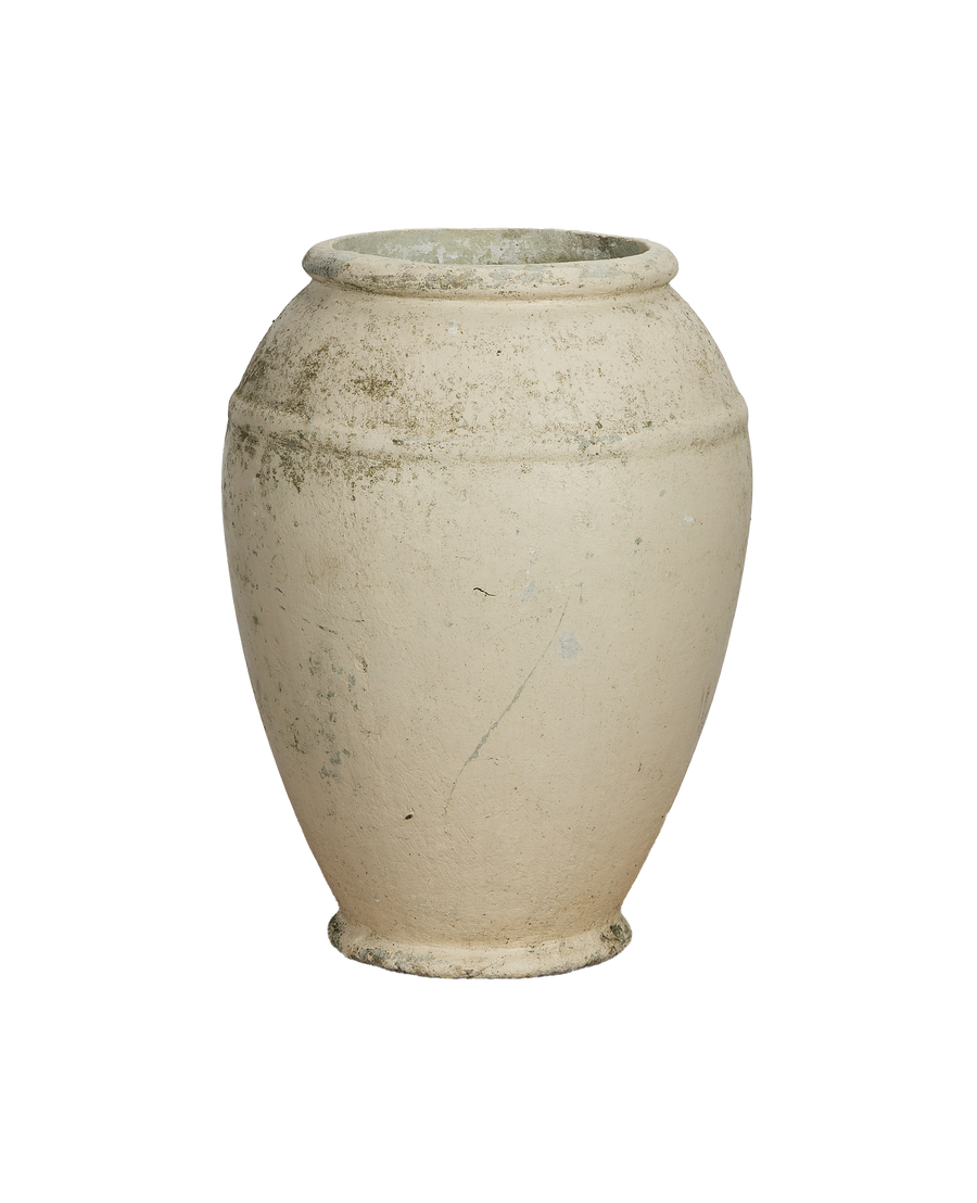 Vintage Willy Guhl jardiniere: light-colored OAK planter, showing weathered texture and unique subtle ring detail.